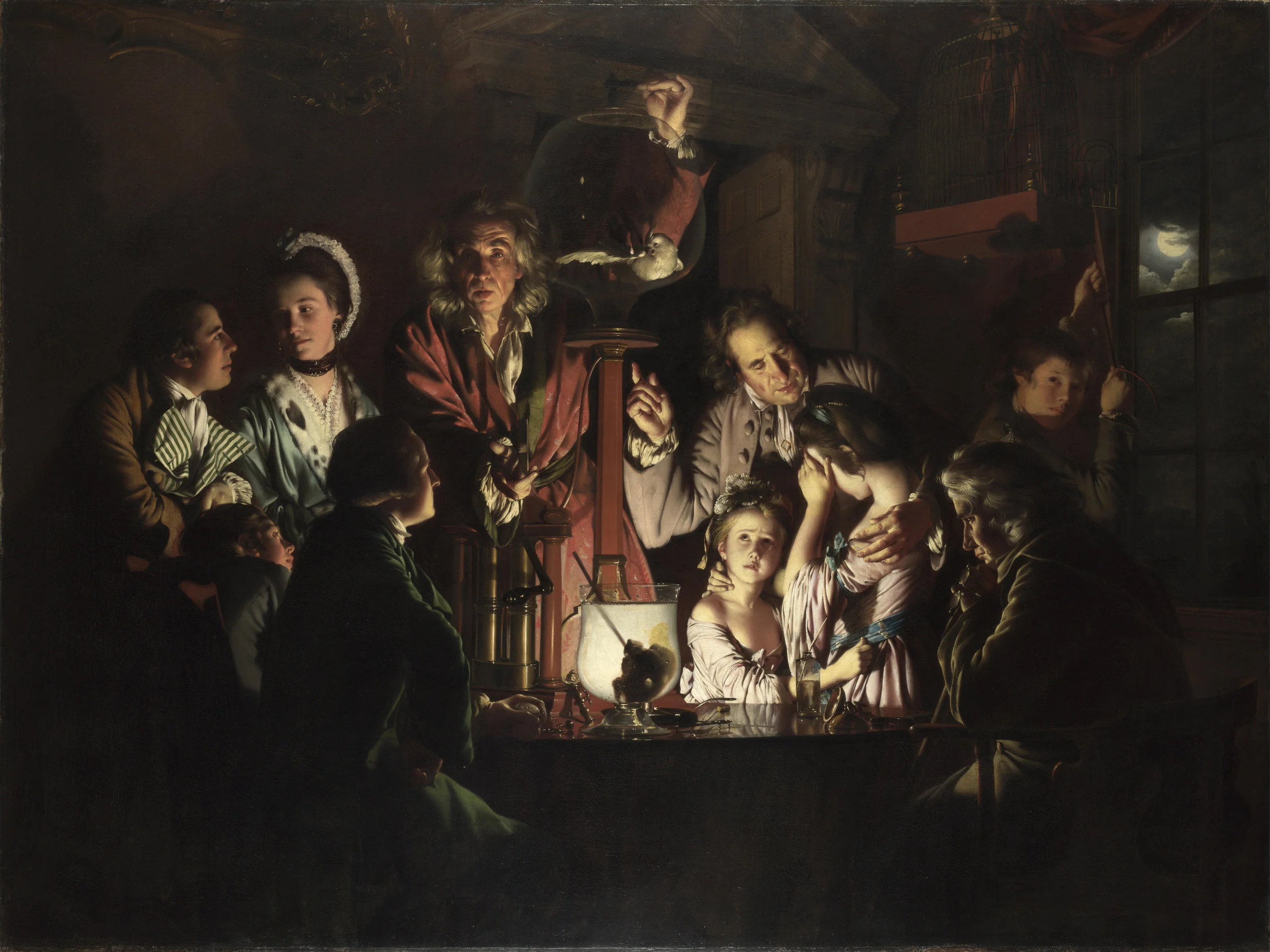 Wright, An Experiment On A Bird In The Air Pump, spoiler alert: bird dies; but the force of the vacuum demonstrated here would create the steam engine, and thus the fossil fuel age