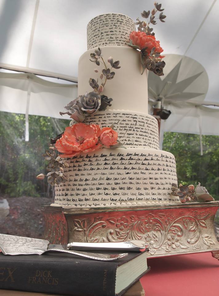 Handpainted Pride and Prejudice Quotes Wedding Cake