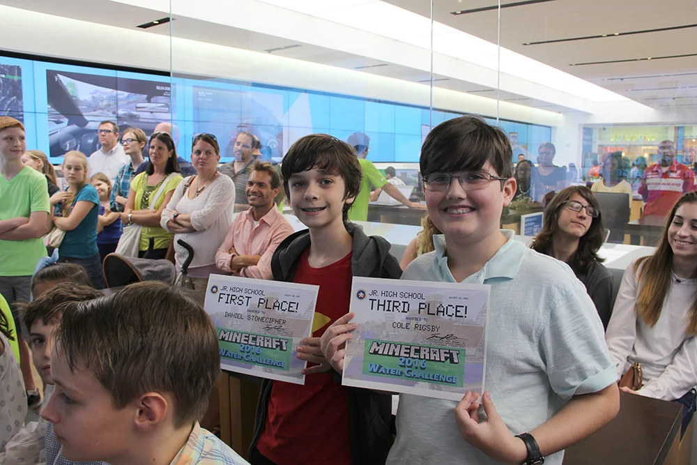 Posing for a picture during the Minecraft Water Challenge Winner Announcement on August 28, 2016, at the Microsoft Store in The Woodlands Mall, the Jr. High group’s first-place winner Daniel Stonecipher, left, and 3rd-place winner, Cole Rigsby, pose for a picture. Rigsby, who encouraged his friend Stoneciper to enter the contest, said there’s no love lost between the two McCullough Jr. High School classmates.