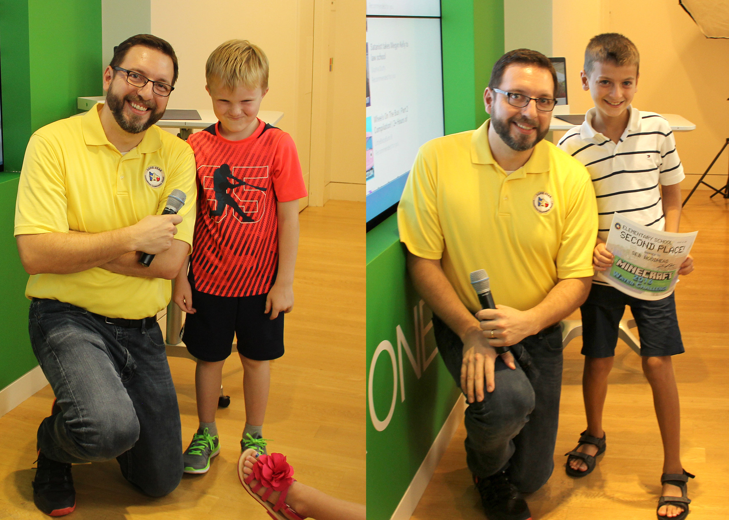  LSGCD’s 2016 Minecraft Water Challenge winners—Elementary Group: James Ridgway, Jr., LSGCD education/public awareness coordinator, wearing the yellow shirt, poses with, pictured left, 3rd-place winner, Christopher Holmes, Kaufman Elementary, and pic