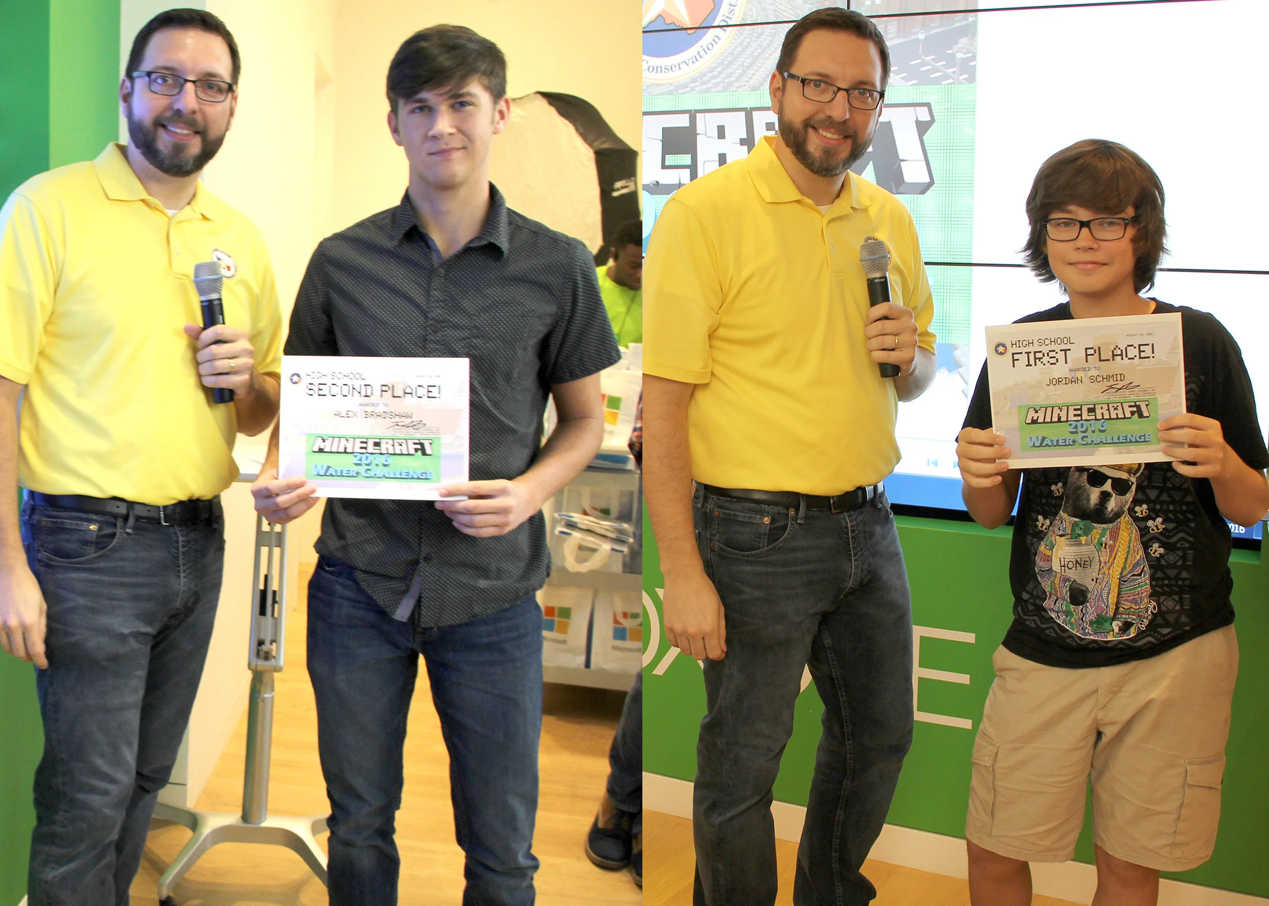 LSGCD’s 2016 Minecraft Water Challenge winners—High School Group: James Ridgway, Jr., LSGCD education/public awareness coordinator, wearing the yellow shirt, poses with, pictured left, 2nd-place winner, Alex Bradshaw, Splendora High School, and pictured right, 1st-place winner, Jordan Schmid, Montgomery High School. Not pictured is 3rd-place winner, Houston Bailey, Magnolia High School.