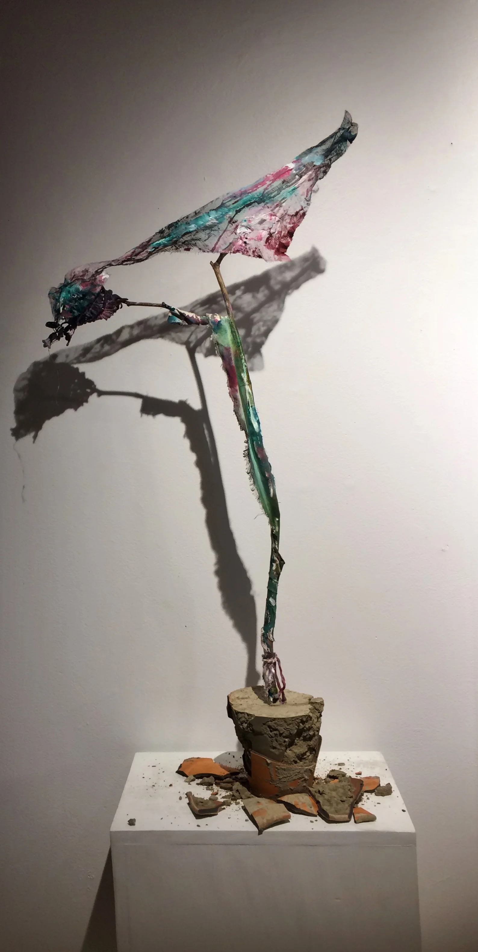  Cement Soil , cement, clay, branches, cloth, acrylic paint, 1’x1'x3’, 2017 