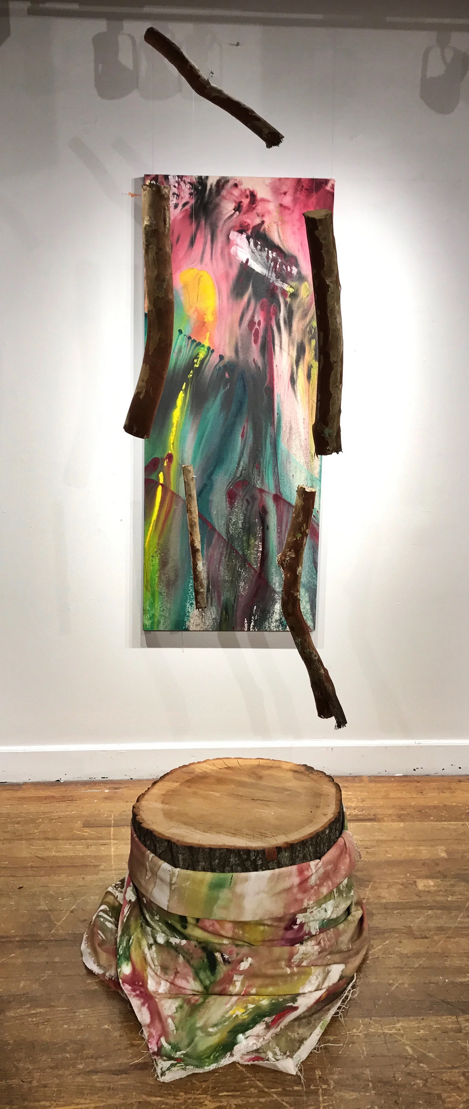   Vacant Window , acrylic paint, branches, braid, canvas, stretched canvas, live oak stump, 8’x4’x5’, 2017 