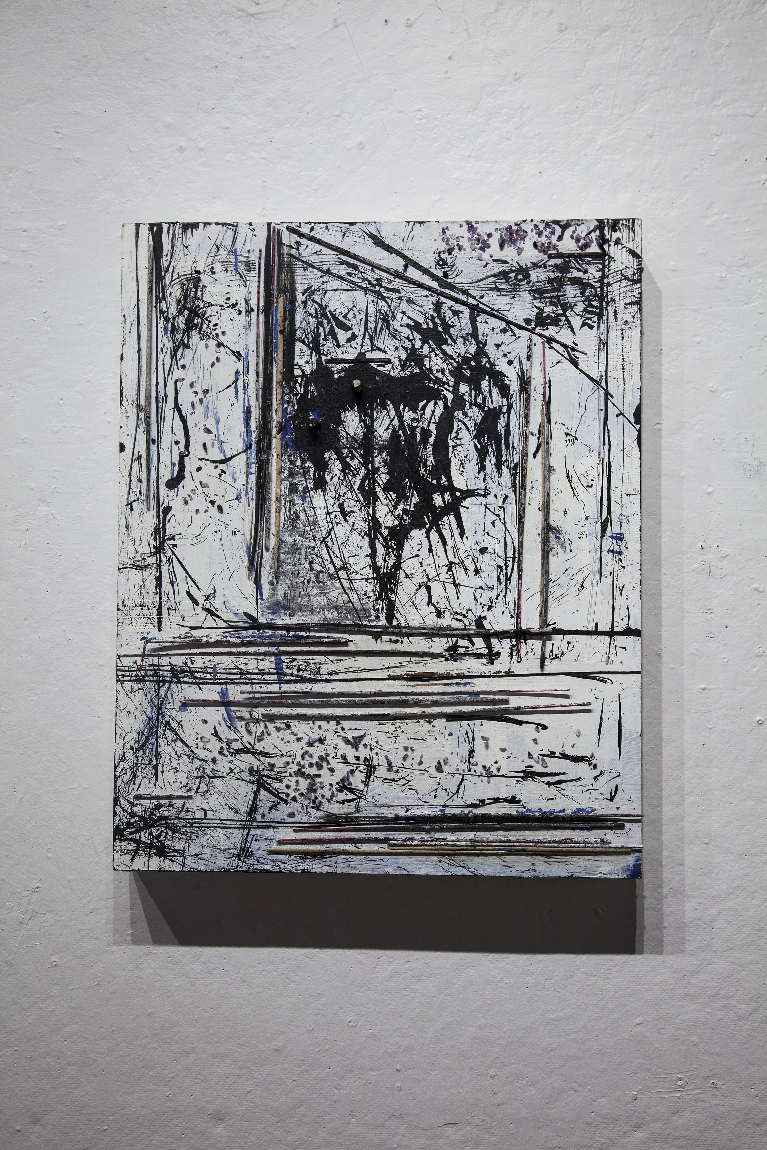 Sensory, 2016, Wood panel, incense, amethyst, turquoise, ink, gesso, 20x16". 
