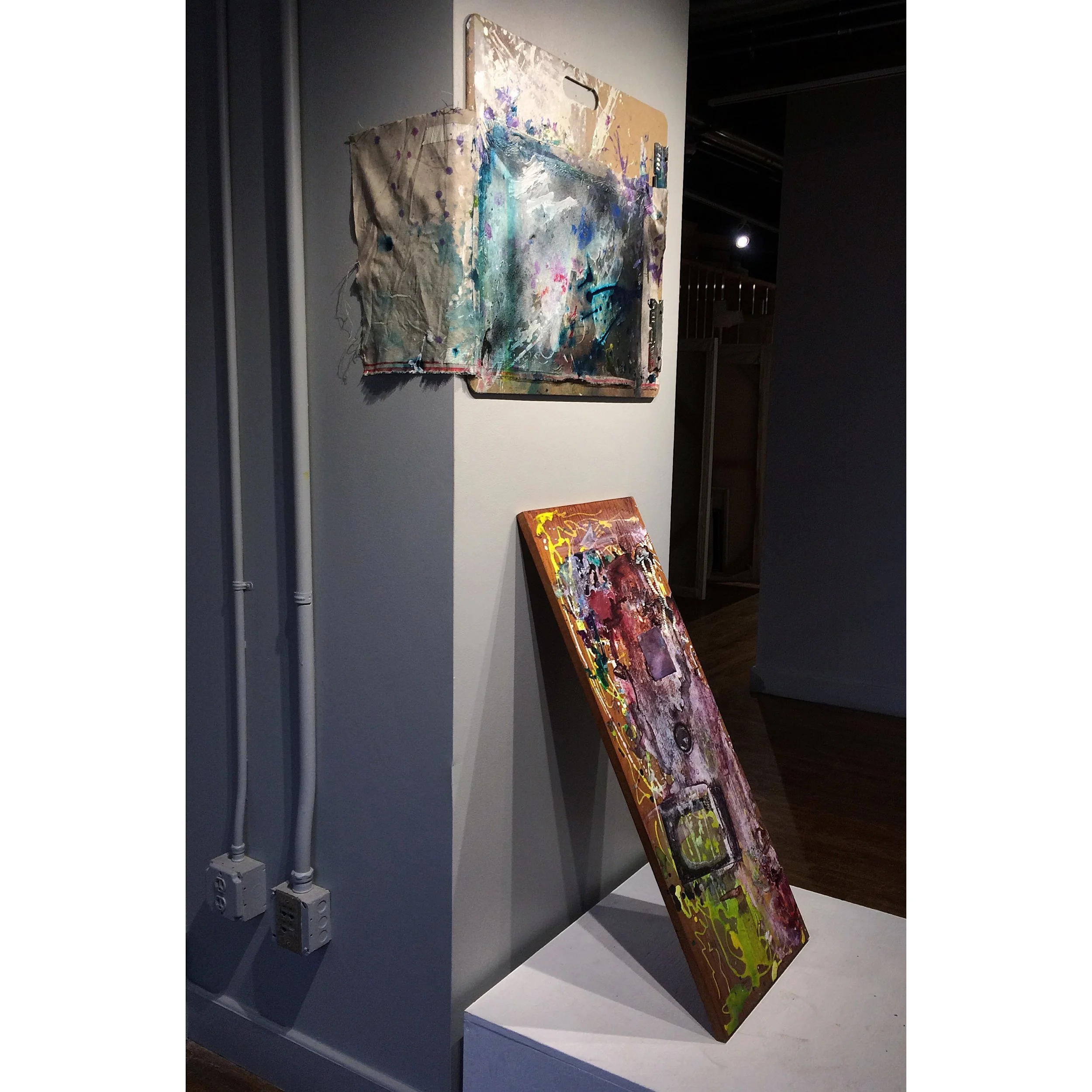   Studio Space  (side view),   art board, belgian linen, ink, gesso, tape, staples, acrylic paint, watercolor, charcoal, pastel, wooden shelf, chamois cloth, glue, glitter, 8’x3', 2016 
