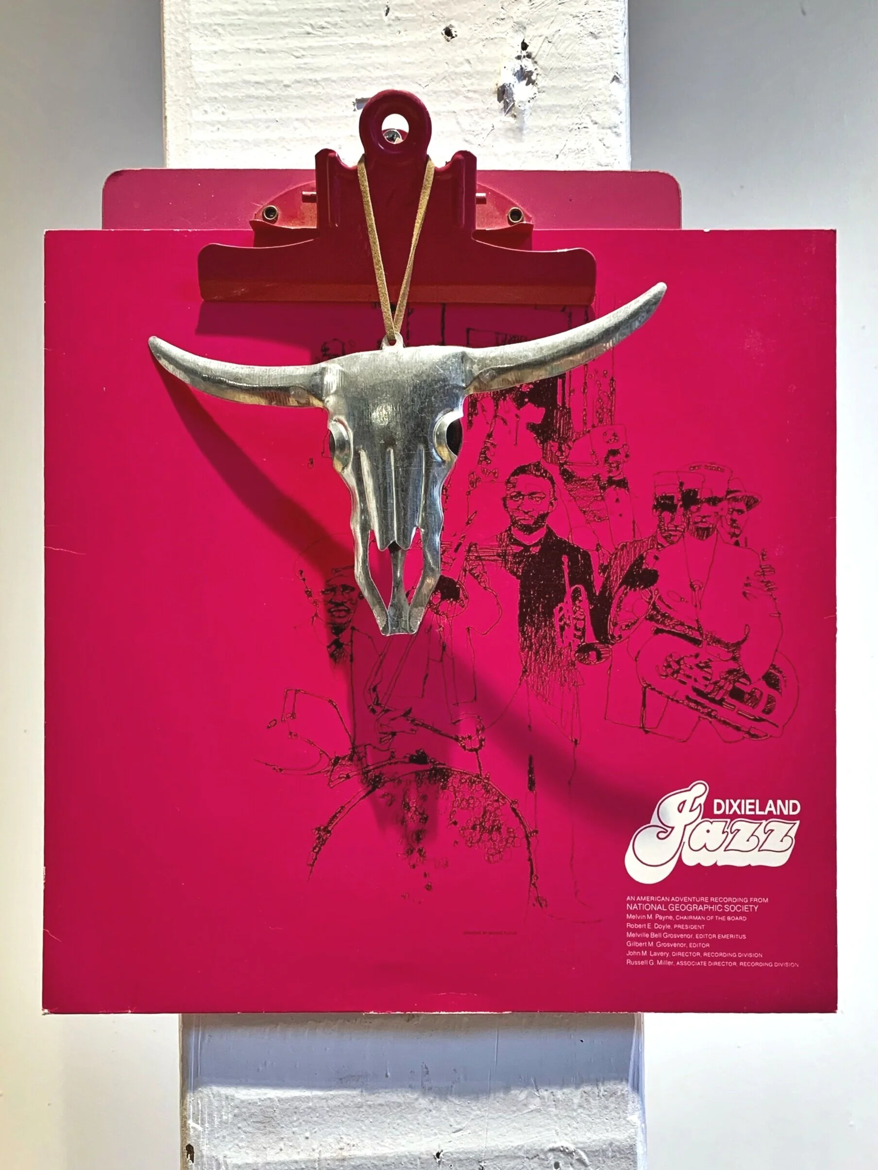   Texas Soul,  Dixieland Jazz album, texas longhorn metal pendant, clipboard, 1’x.5’x1.5’, 2019 