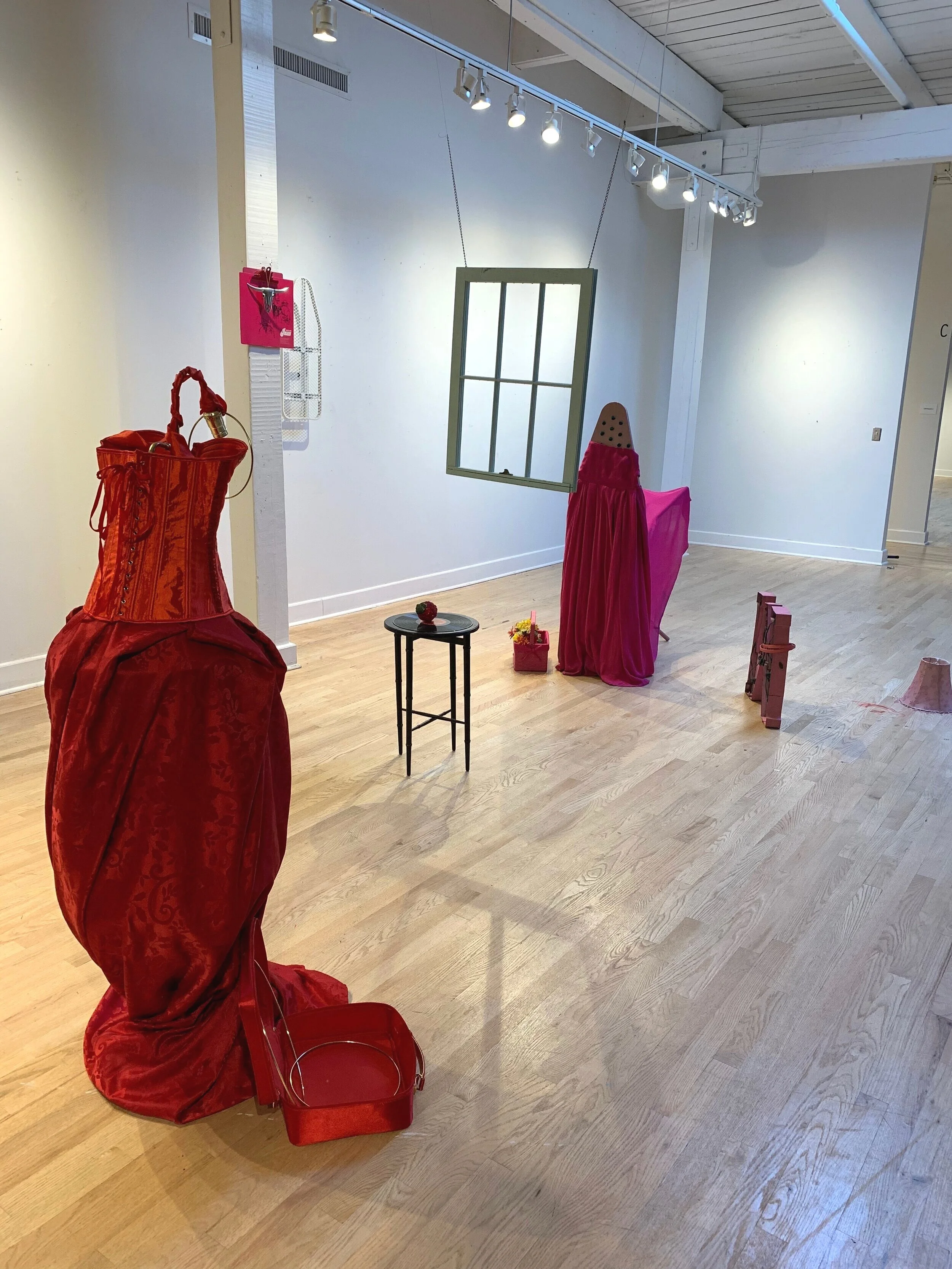   It has to be Him , lamp stand, lampshades, table cloth, corset, metal rings, satin makeup bag, end table, “It Must be Him” by Ray Conniff record, bejeweled pomegranate, wooden window frame, recording of “It Must be Him” by Ray Conniff, size variabl