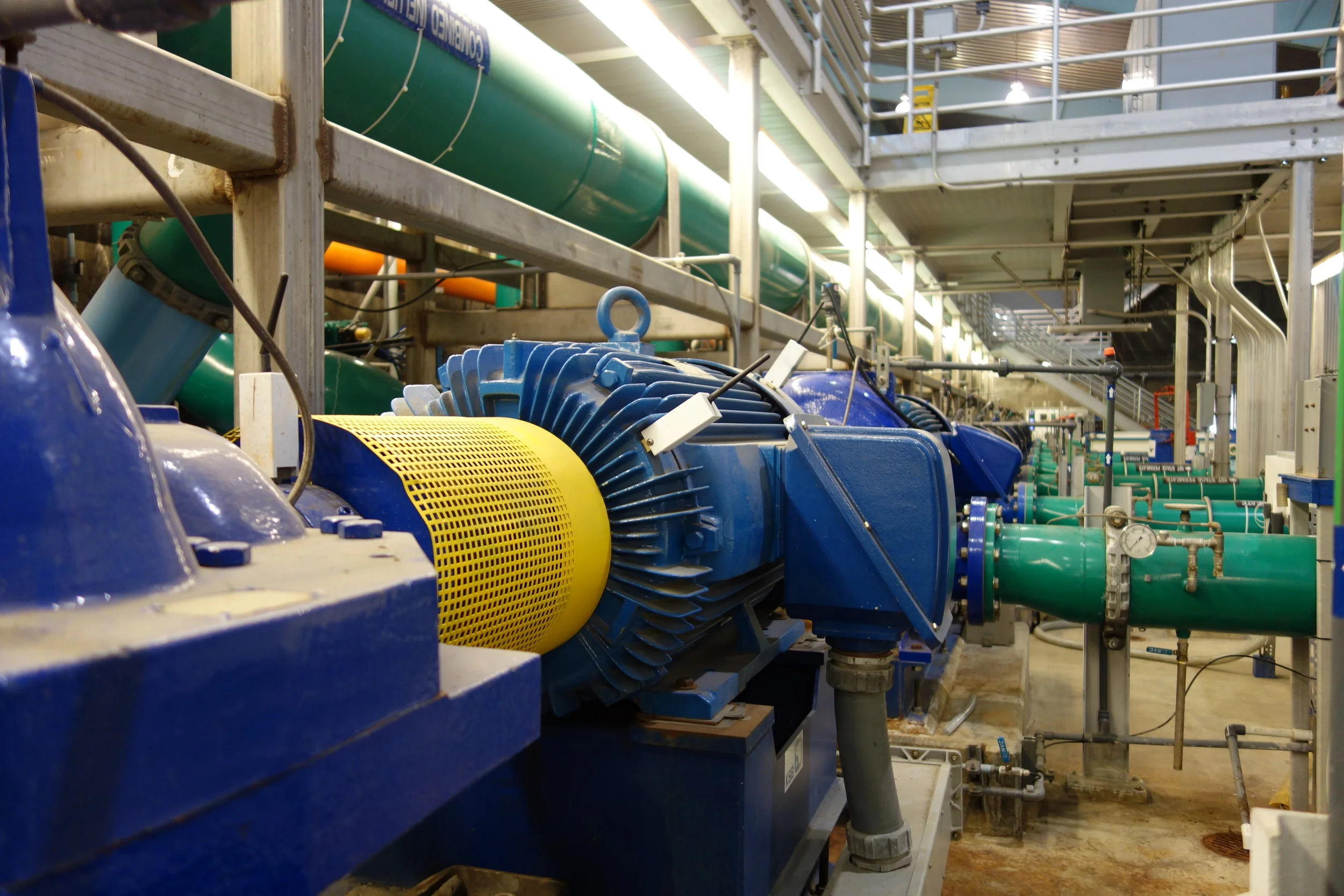 SmartHAWK wireless vibration and temperature sensors monitoring motors at a water treatment plant.