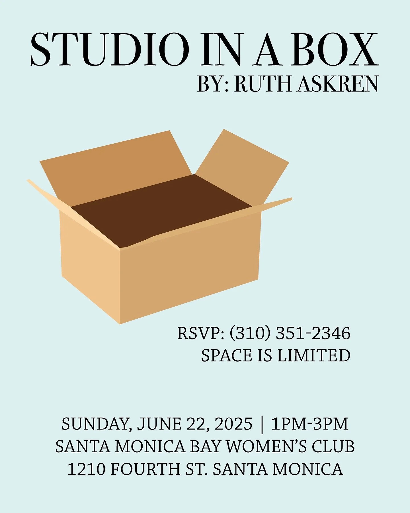 Learn how to set up a &ldquo;Studio in a Box&rdquo;! 

If you are searching for a way to set up a functional place to paint within a small footprint, then this workshop is for you.

 Ruth Askren will be teaching how to compact your studio to a corner