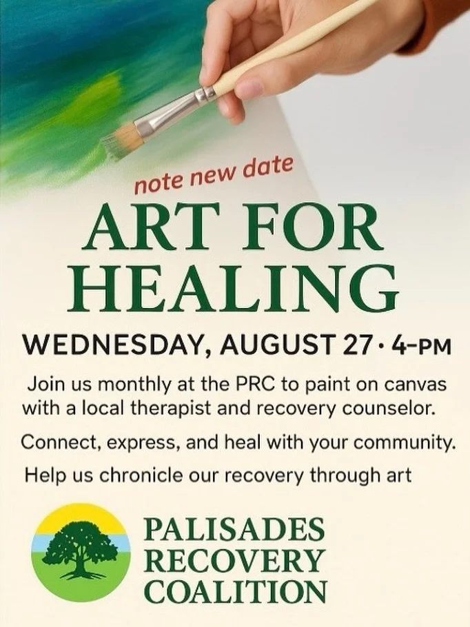 Art for recovery: New Date: Wednesday, 8/27/2025

PRC HQ: 15224 W. Sunset Blvd. Pacific Palisades California, 90272 
(next door to Ruby Nails)

Join us at the PRC (Palisades Recovery Coalition) for an evening of painting, conversation, and community 