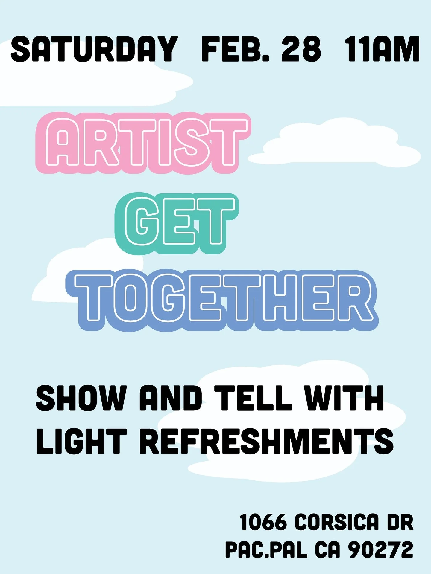 Join us at a resident's home with light refreshments. Bringing some of your current artwork is encouraged but not required.