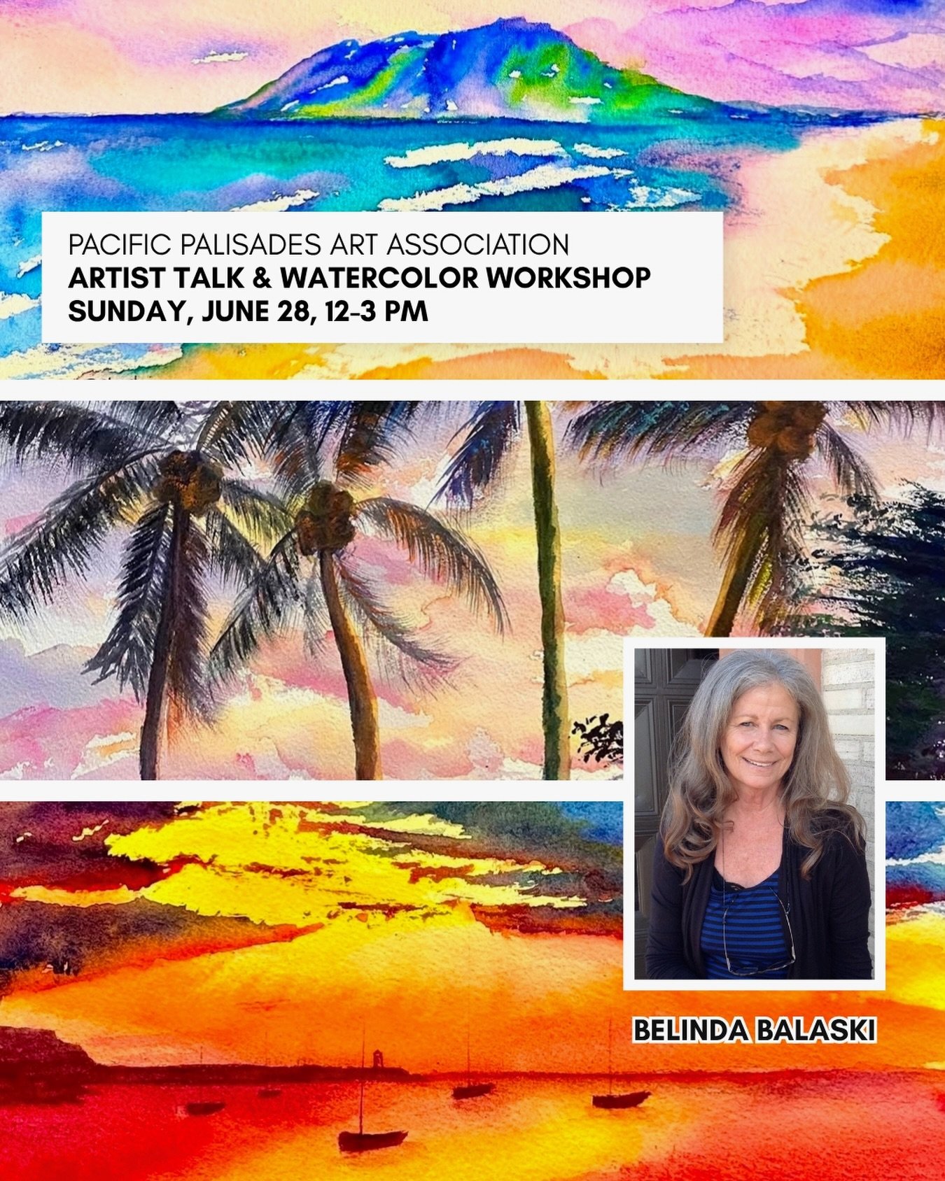 PPAA Artist Talk &amp; Watercolor Workshop
Sun 6/28, 12-3 pm
1161 Palms Blvd, Venice, CA 90291 

Actress, photographer, and painter Belinda Balaski creates colorful watercolor and pastel paintings capturing the spirit and unique beauty of living crea