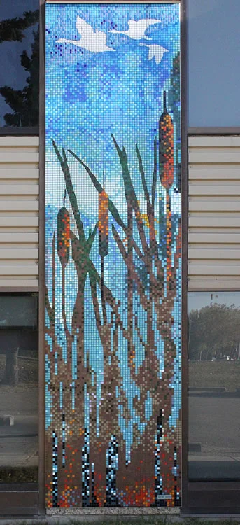 Vitreous glass mosaic, geese and bull rushes, 15'8" high by 4' wide