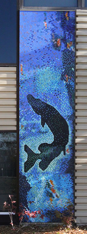 Vitreous glass mosaic, northern pike underwater, 15'8" high by 4' wide.