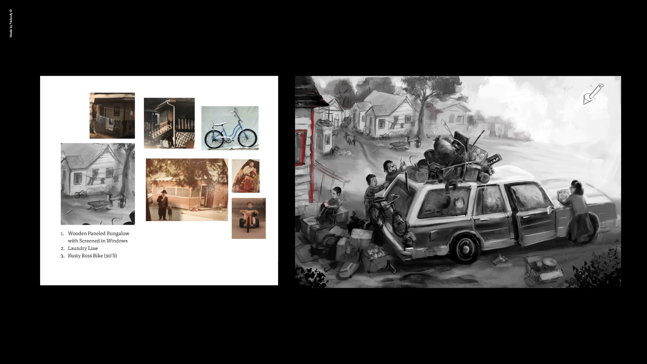 Quick trip down memory lane: Papa's Grand Marquis. This illustration is based on a real photo. "My father was a whiz at packing up an overstuffed station-wagon," says director Motty Landau. In Dad's words: "Men Darf Visin vi Azoi tzi Packen" (you gotta know how to pack). Check out the lefthand page to see his wife's grandfather, a saintly man. (His great grandkids are the Marcus Brother duo of 8th Day fame. They released a song in tribute of him and his shtetl, Krenitz.) YouTube Link here.