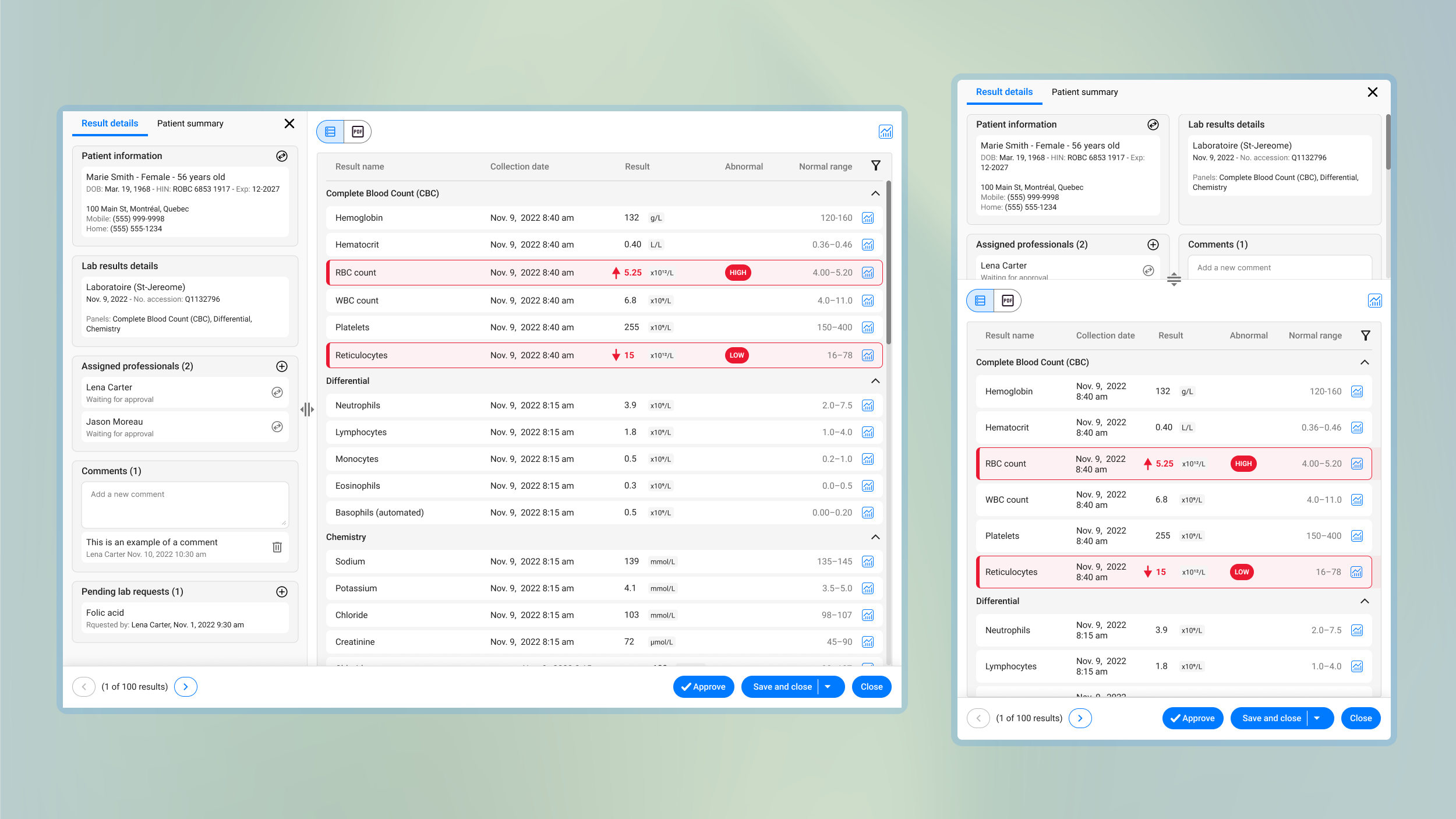 Lab results screen - web and tablet