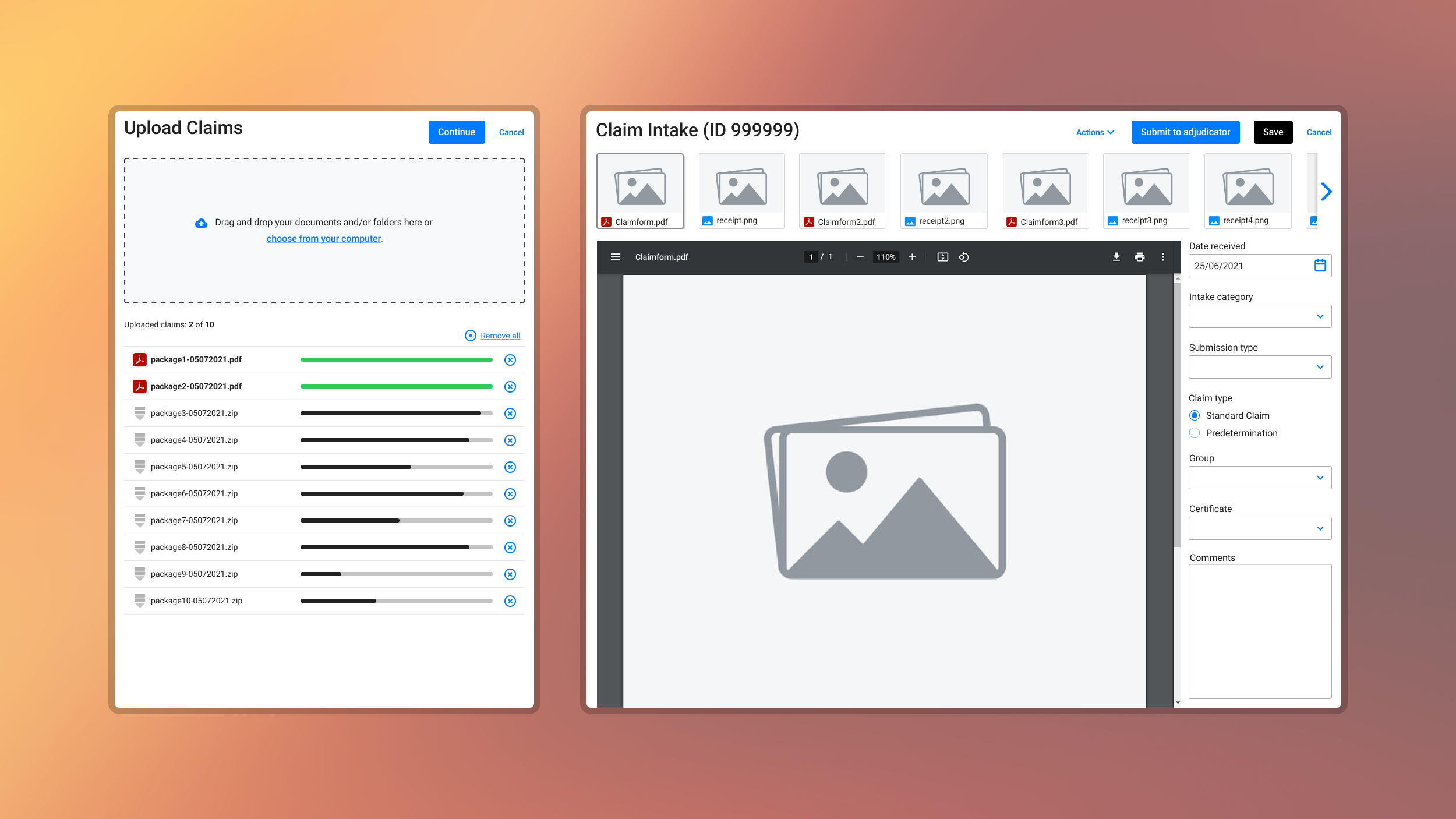 Claim intake workflow screens