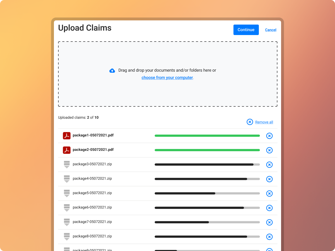 Claim intake upload document screen