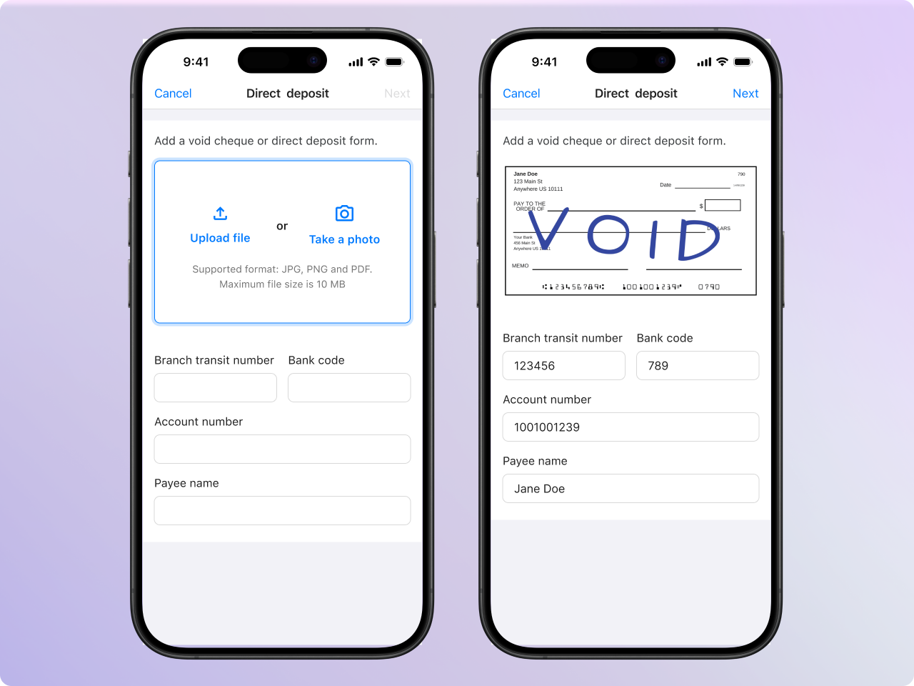 Mobile - direct deposit setup screens