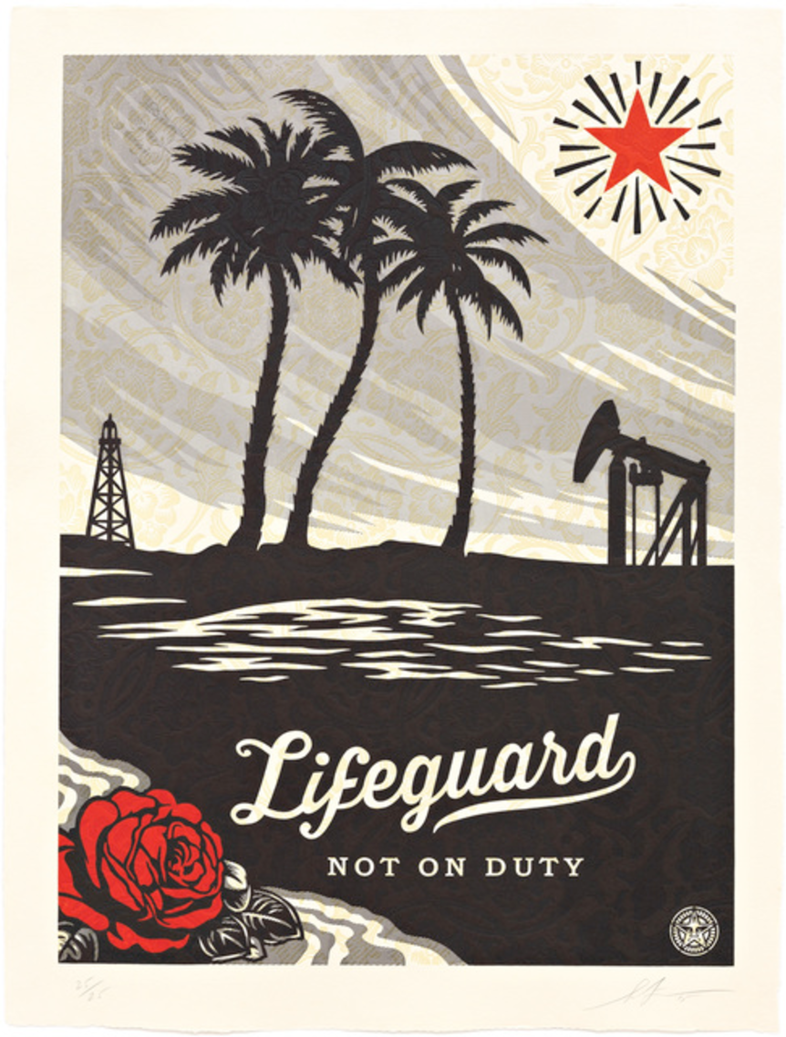 Lifeguard Not On Duty, Shepard Fairey (Printer’s Proof Courtesy of Nina Dine), 40.5" x 30.5", Edition of 25, Three color relief on handmade paper.