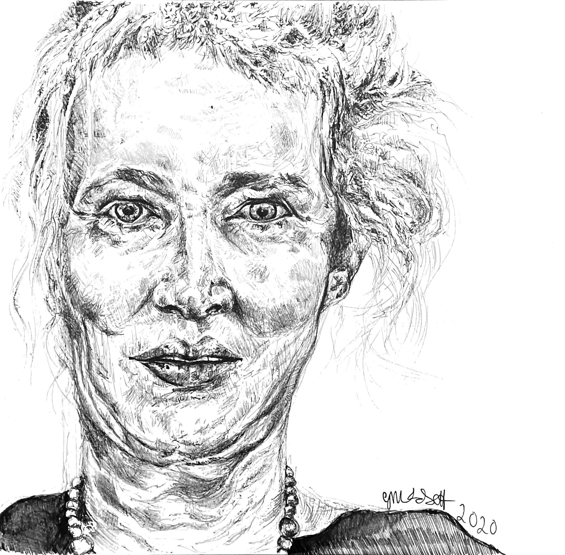 Angela Carter - portrait headshot in fineliner