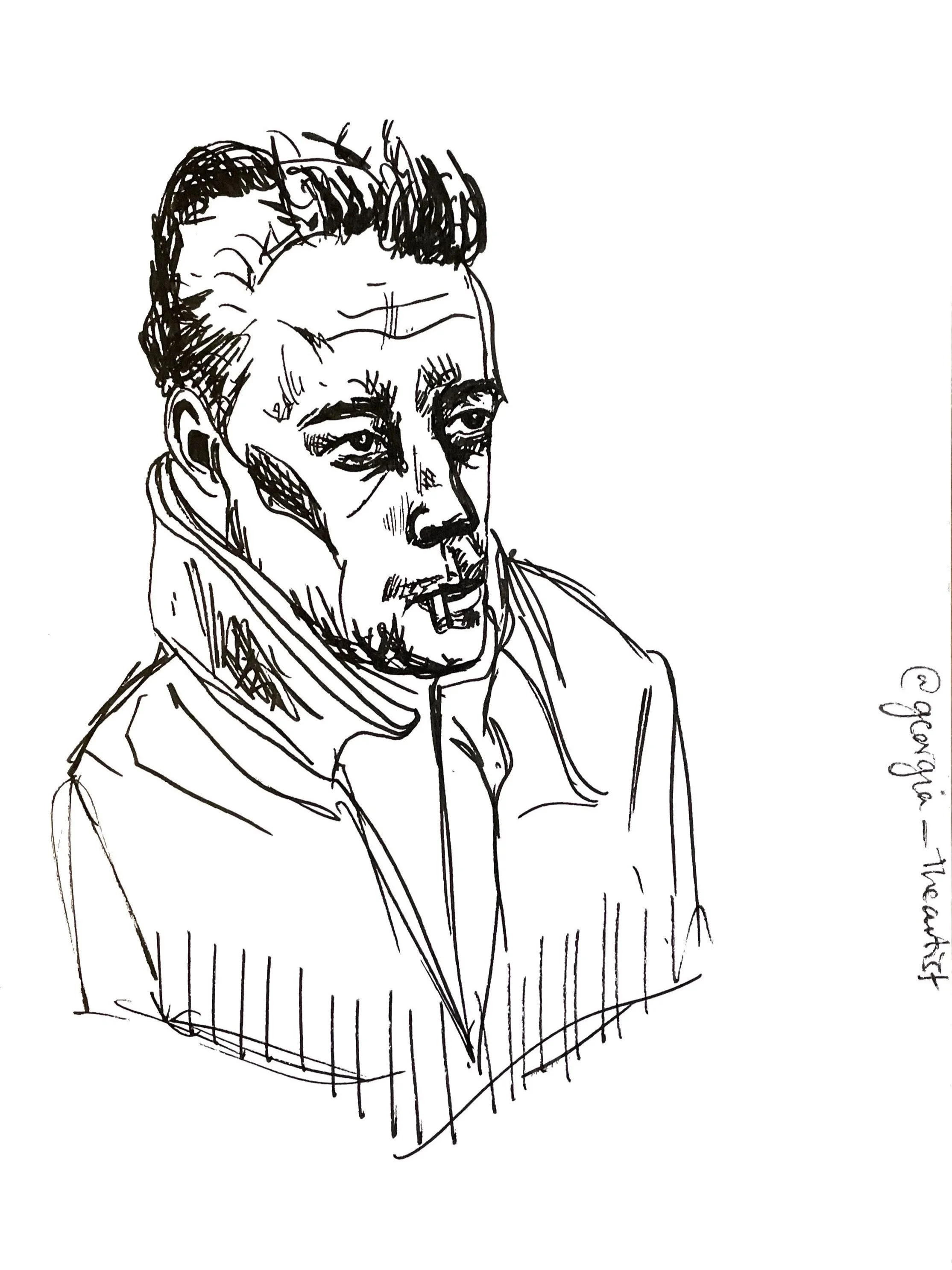 Albert Camus portrait smoking a cigarette by artist Georgia Adsett