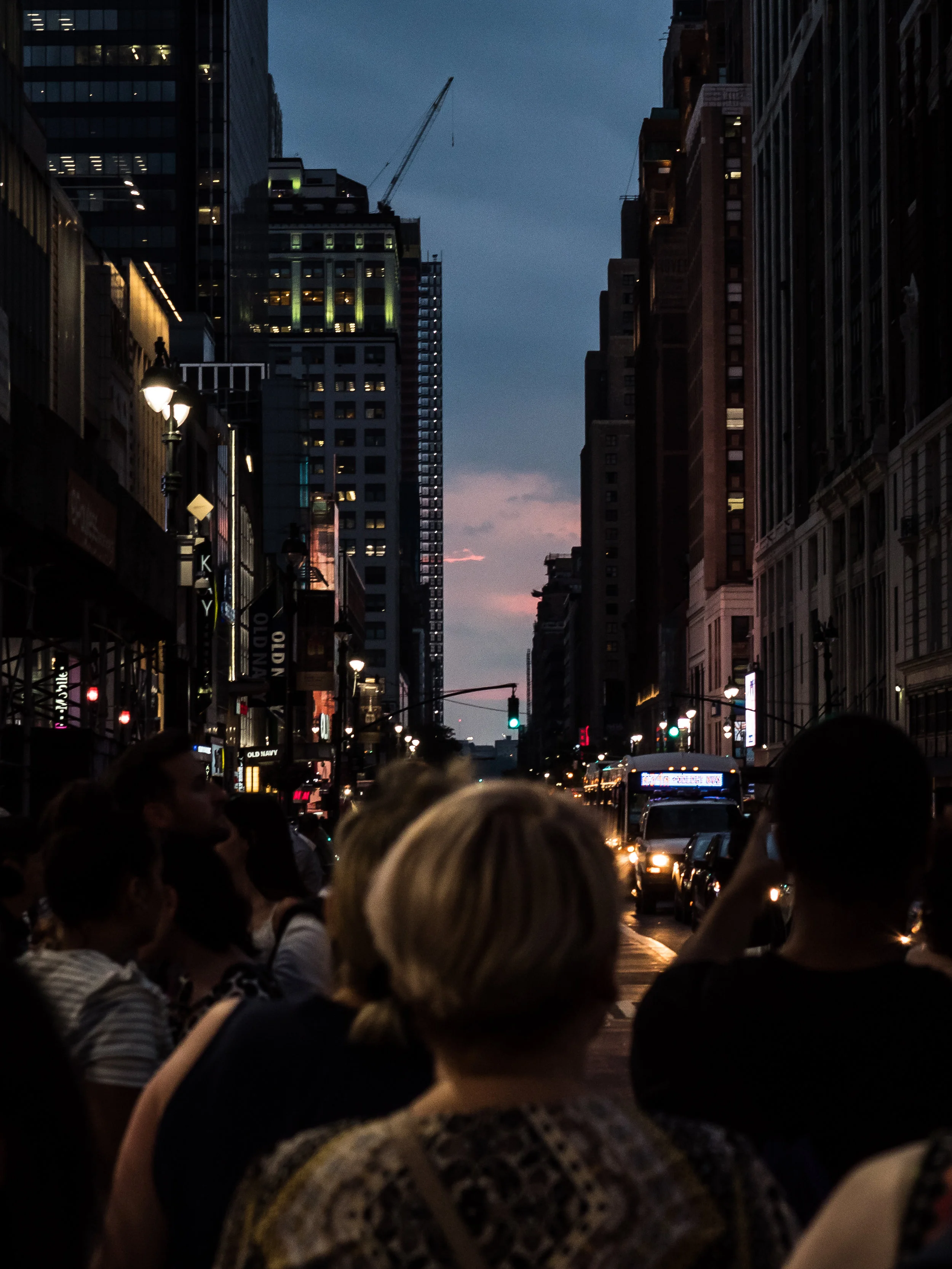 Manhattanhenge July 12, 2017 obscured by clouds from West 34th Street and 6th Avenue in Manhattan.