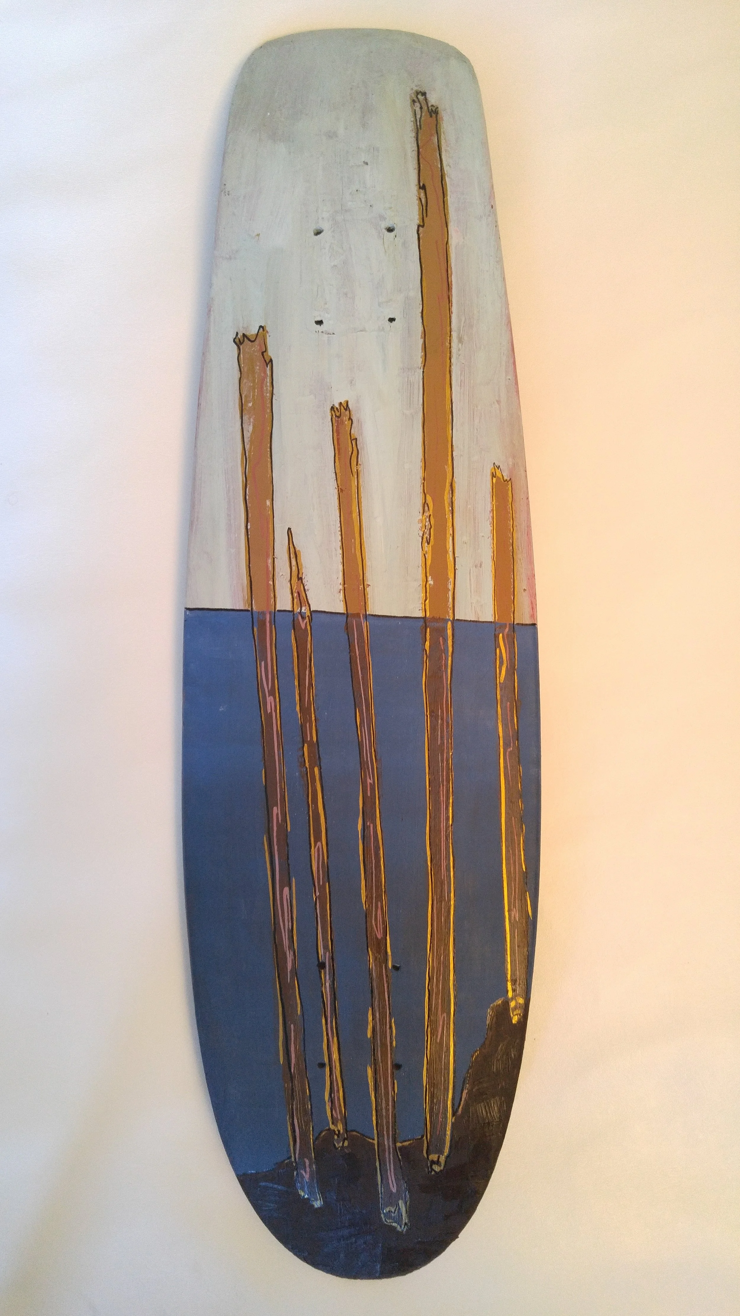 "Pilings" 2016 Oil paint and Oil based pen on skateboard