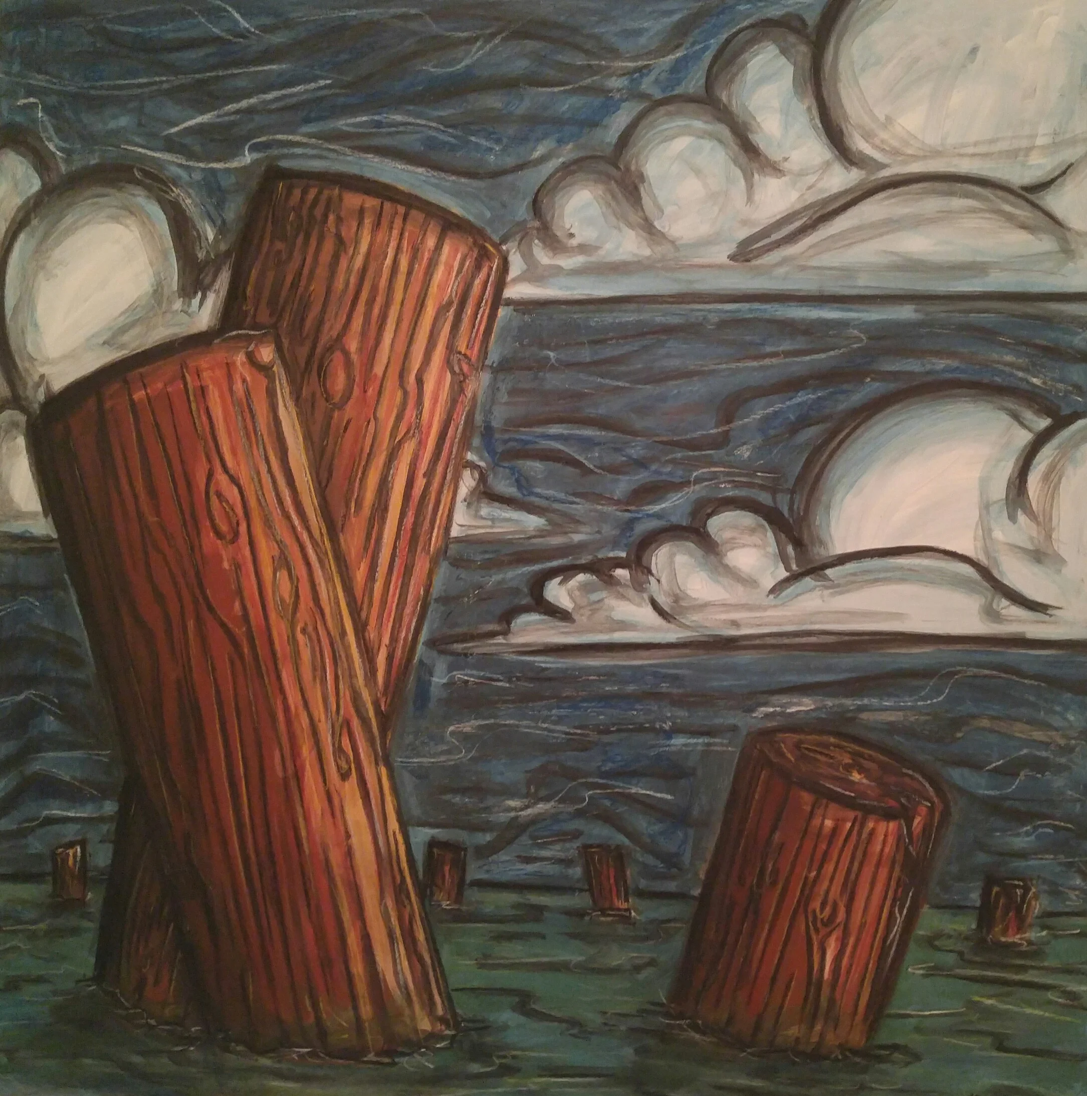 "Pilings 1" 2014 3'x 3' Acrylic paint, charcoal and chalk pastel on gessobord