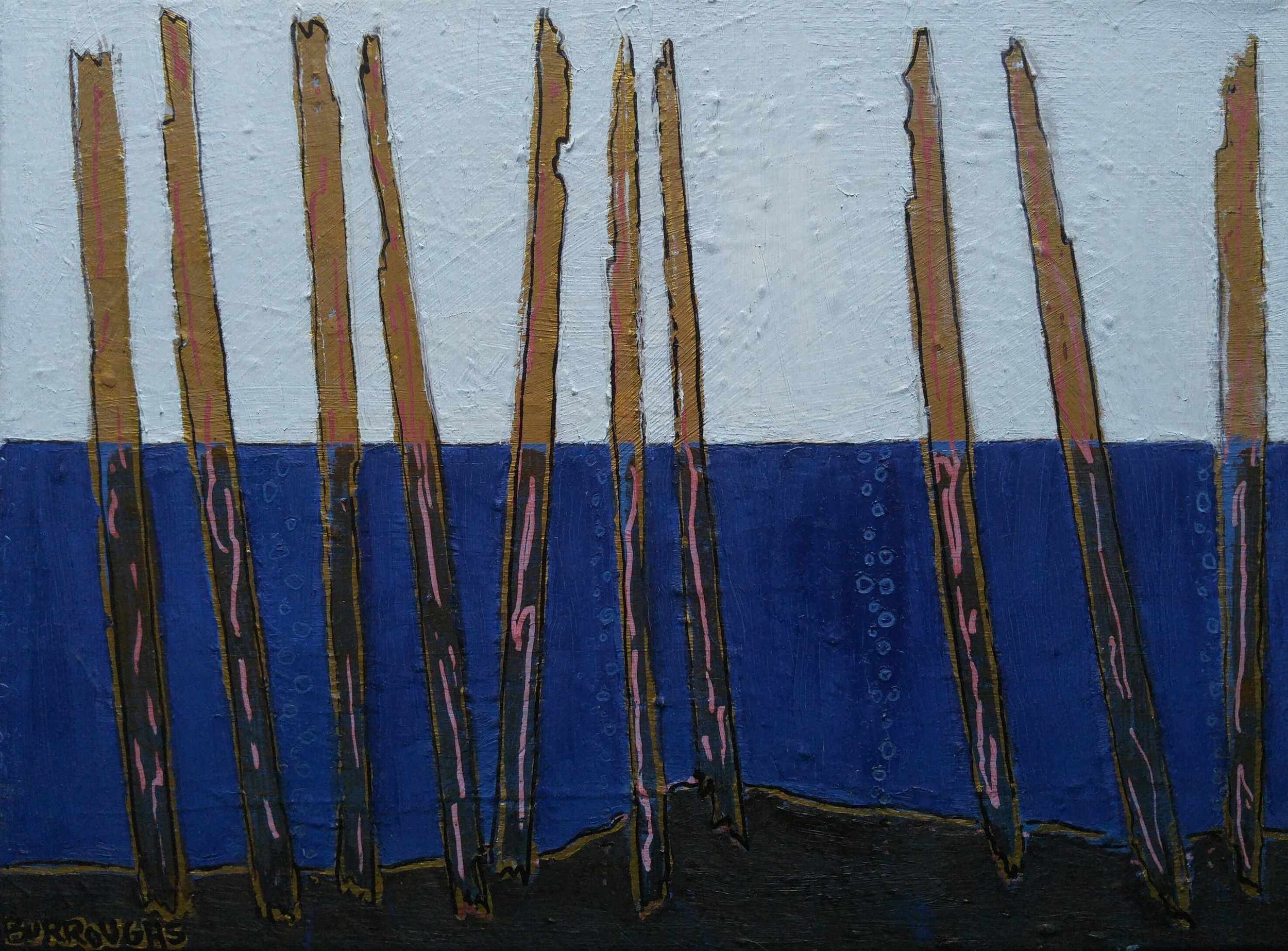 "Pilings 2" 2016 8"x 10" Oil paint, oil based pen and ink on canvas