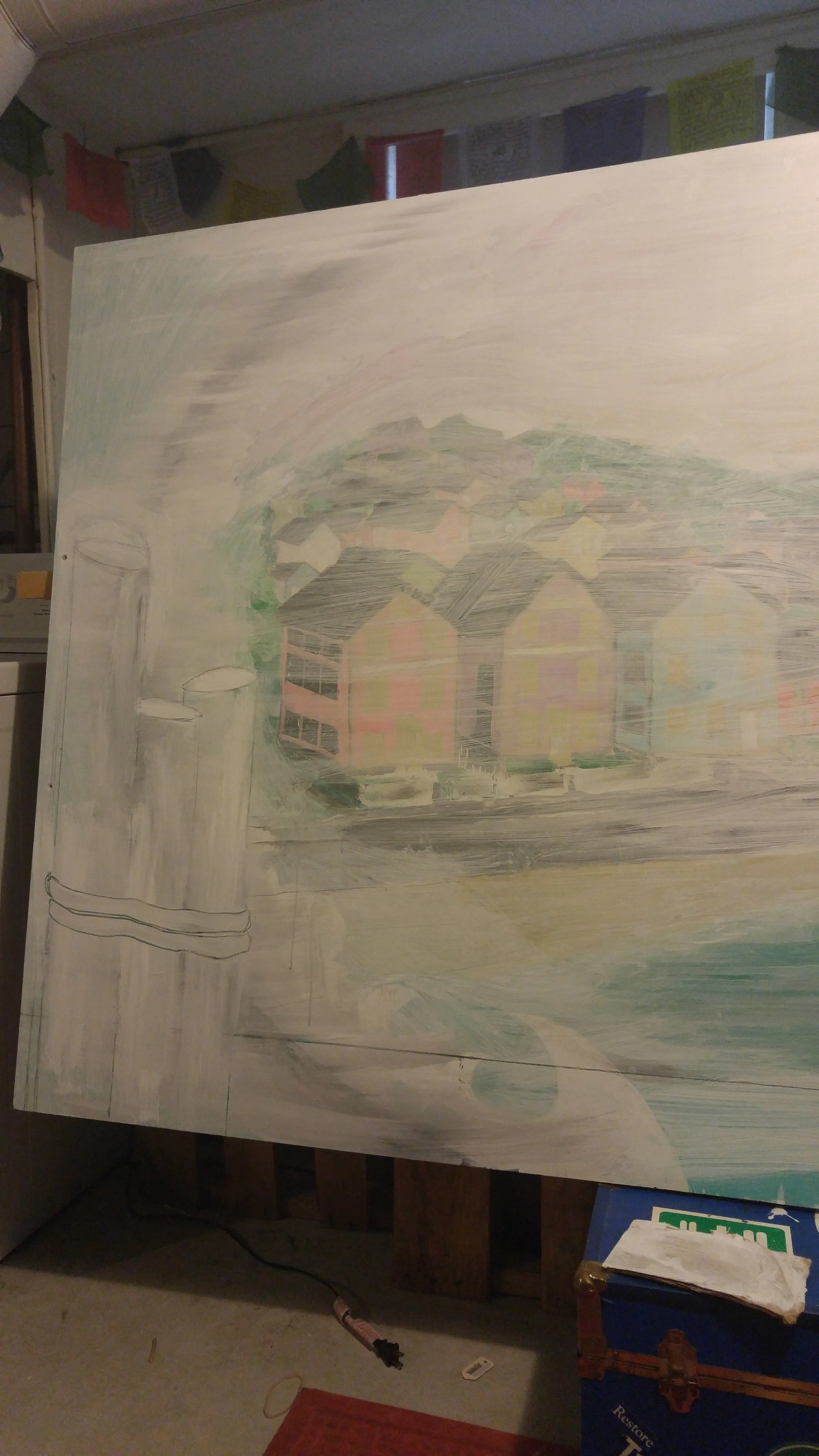 After sanding and cleaning I applied some primer to the whole mural and began making adjustments using graphite