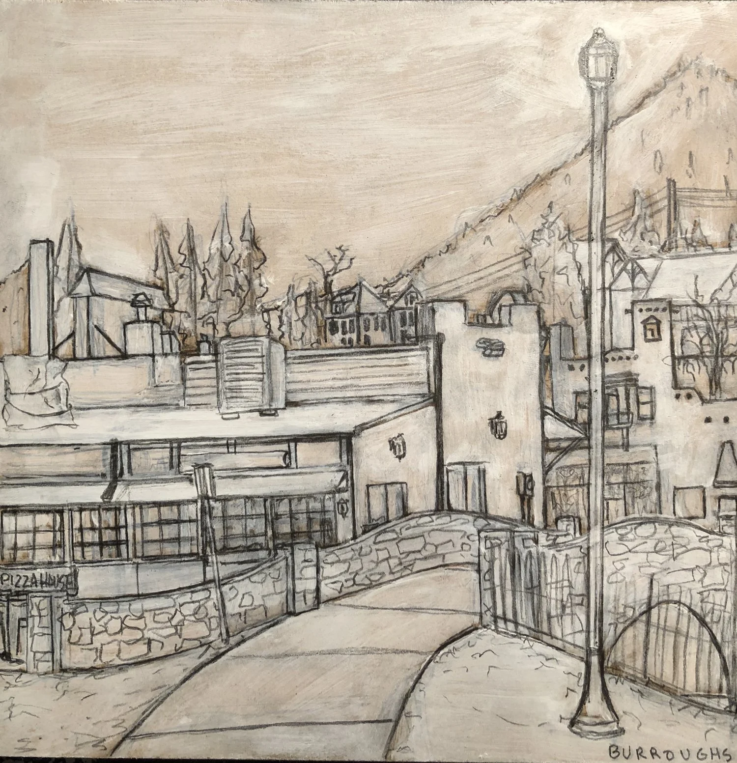 "Soda Springs Park" 2017 8"x 8" Acrylic paint and graphite on mdf panel