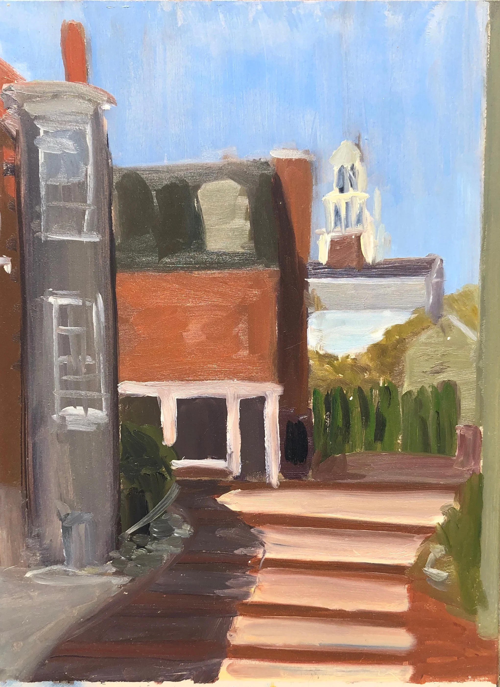 “Universalist Church from Dogbar lot” 2018 9” x 12” Oil on board