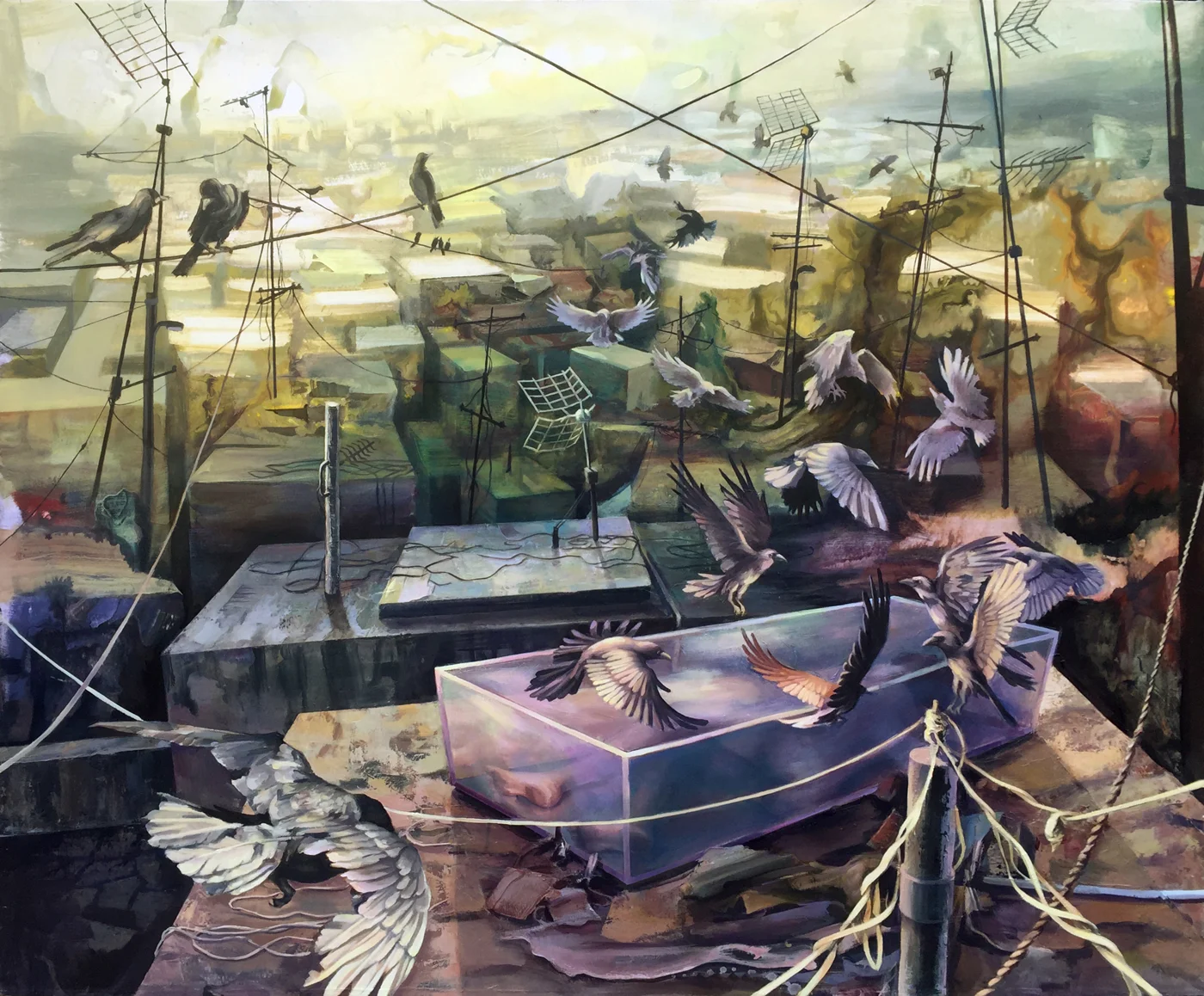 Sky Burial , 2016, Ink acrylic oil on canvas, 44x52in $5000