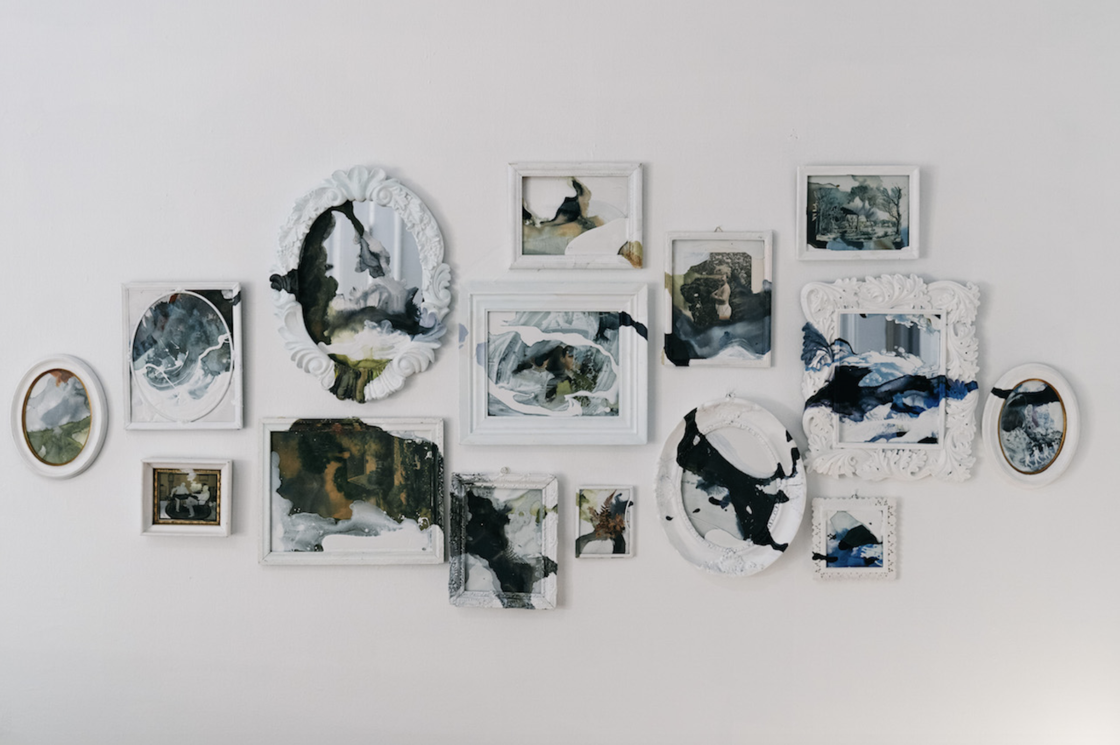 I Kept These For You, 2019, 15 found antique frames, ink, acrylic, house paint, photo transfer, canvas, glass