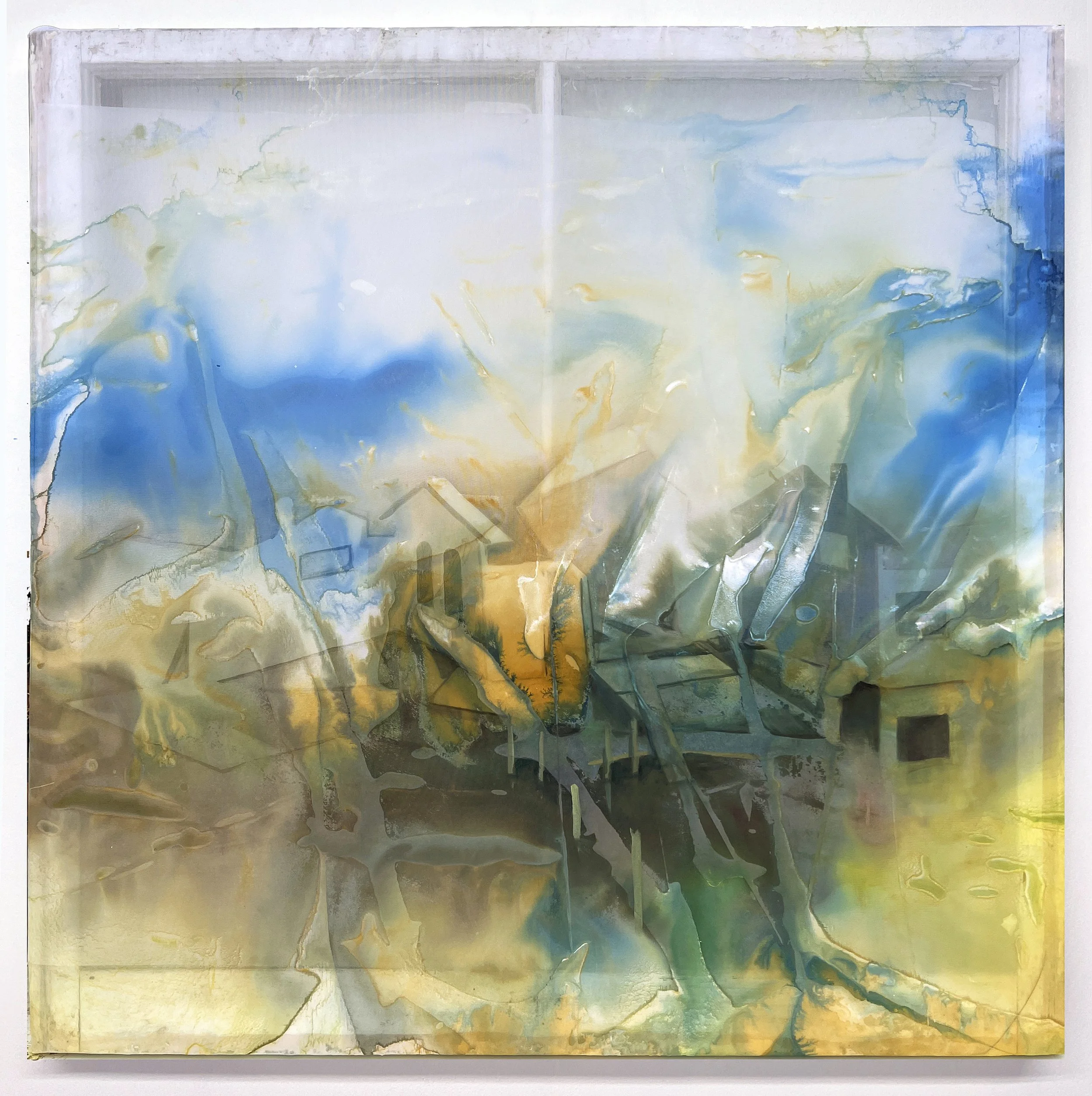  Lapping at Your Door, 2025, Ink and oil paint on mylar, recycled fabric and found window, 31.5 x 31.5 inches 