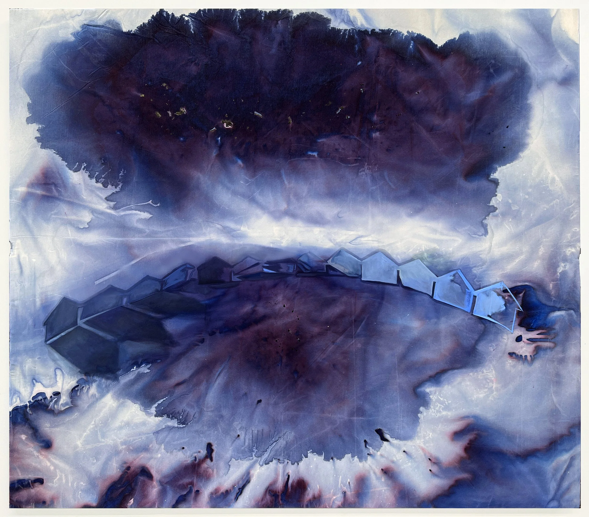  Little Boxes on the Hillside, 2025, Ink, oil paint, recycled fabric, found window, 36 x 40 inches 