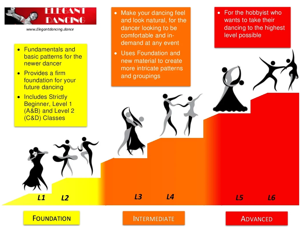 This graphic shows your progression through steps & technique in the Foundation, Intermediate & Advanced classes