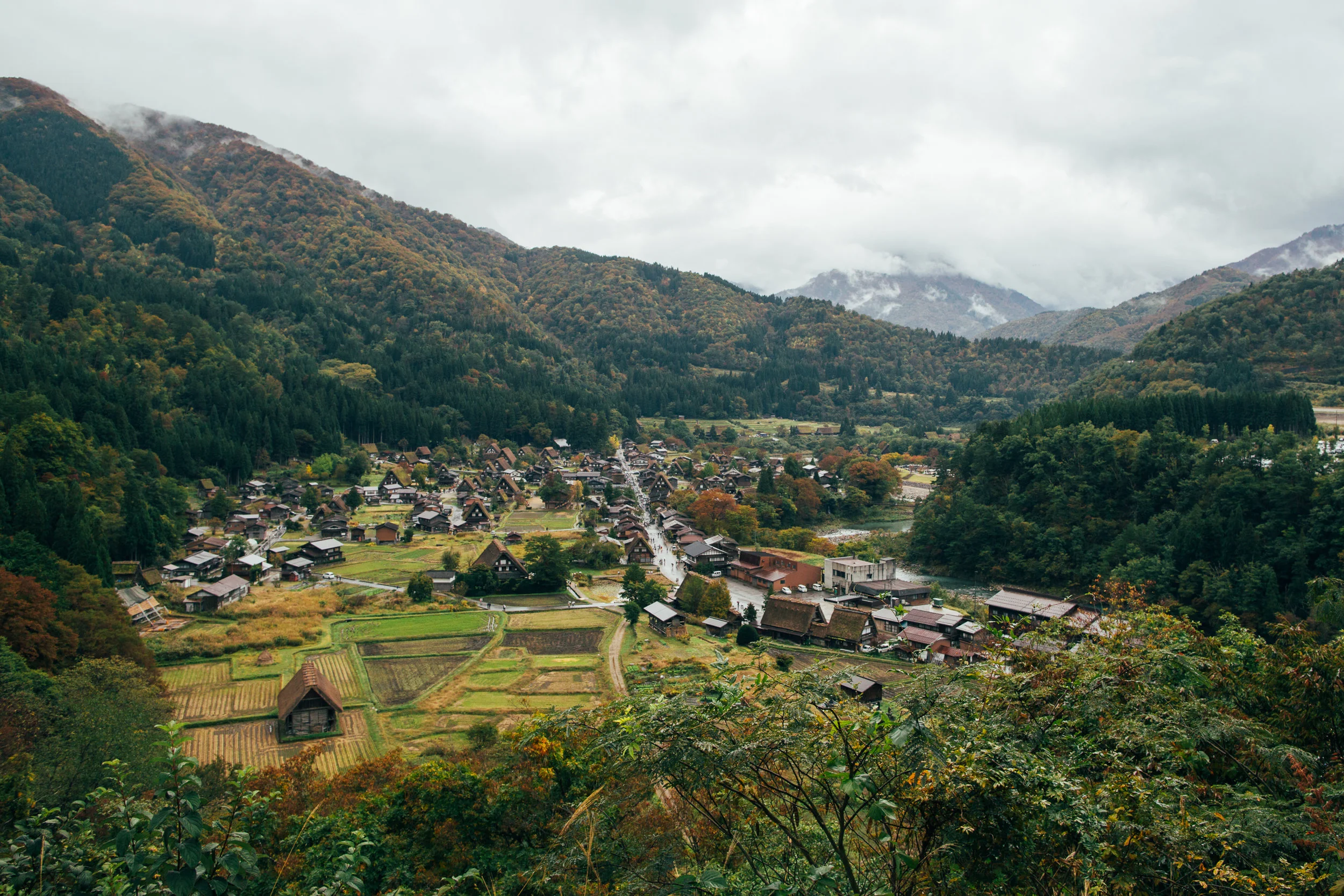 View of Shirakawa-go and the surrounding mountains. Visiting in early Autumn, we were probably a couple of weeks too early for the full colour change and a couple of months early for the heavy snow that the area is known for. One of the most iconic photos of this village is of the thatched roofs sitting under a thick layer of snow.