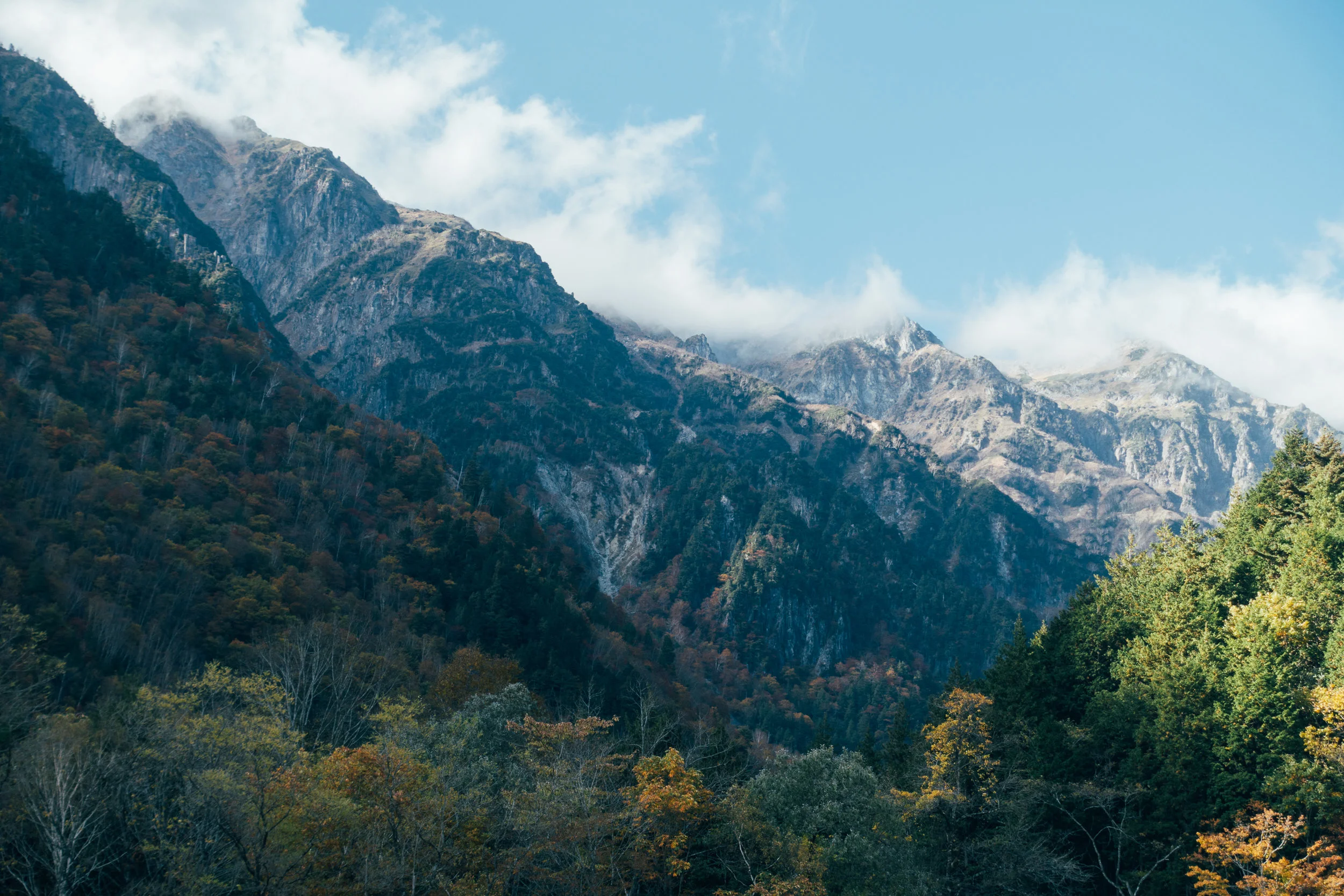 Taken at the base of Mount Hotaka looking up at the neighbouring peaks. The Shin Hotaka Ropeway is a cable car that takes visitors to the top of the third tallest mountain in Japan.