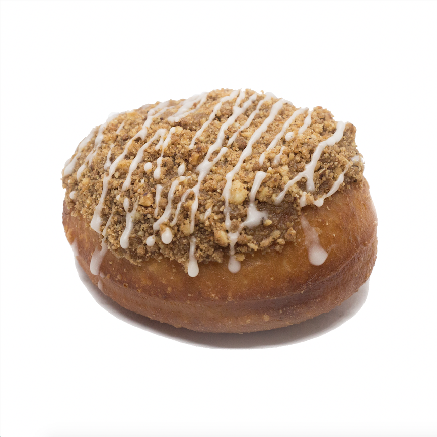 Coffee Cake - brioche doughnut filled with coffee custard topped with toasted walnut streusel and vanilla drizzle