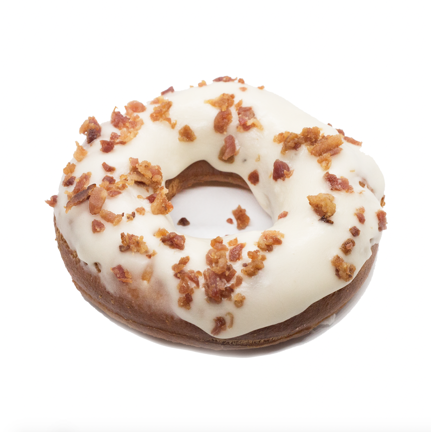 Maple Bacon - brioche doughnut glazed with maple icing, topped with candied bacon crumbles