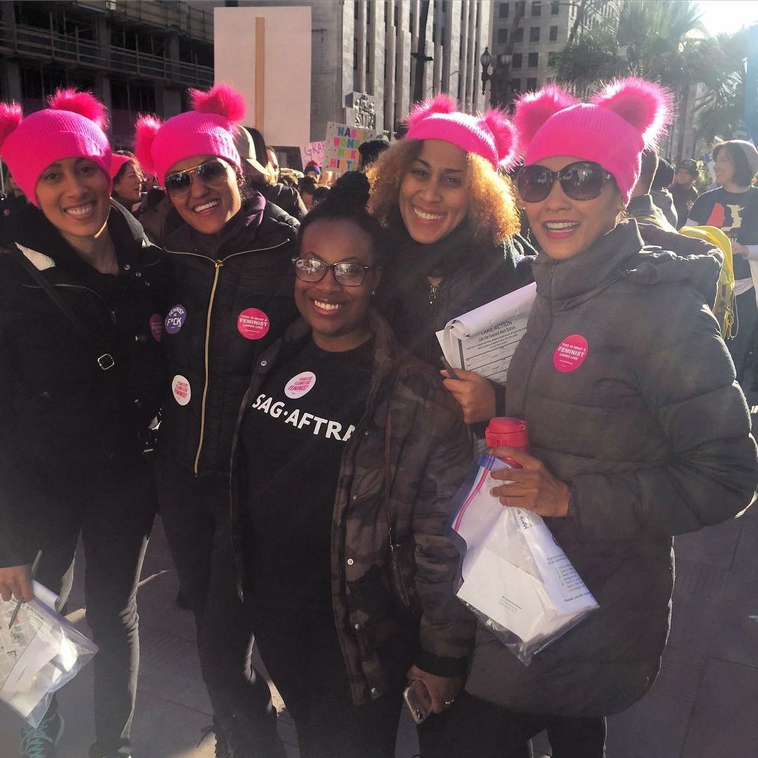 Krystin Wills with P*ssy Hat peaceful activists at Women's March, Los Angeles.