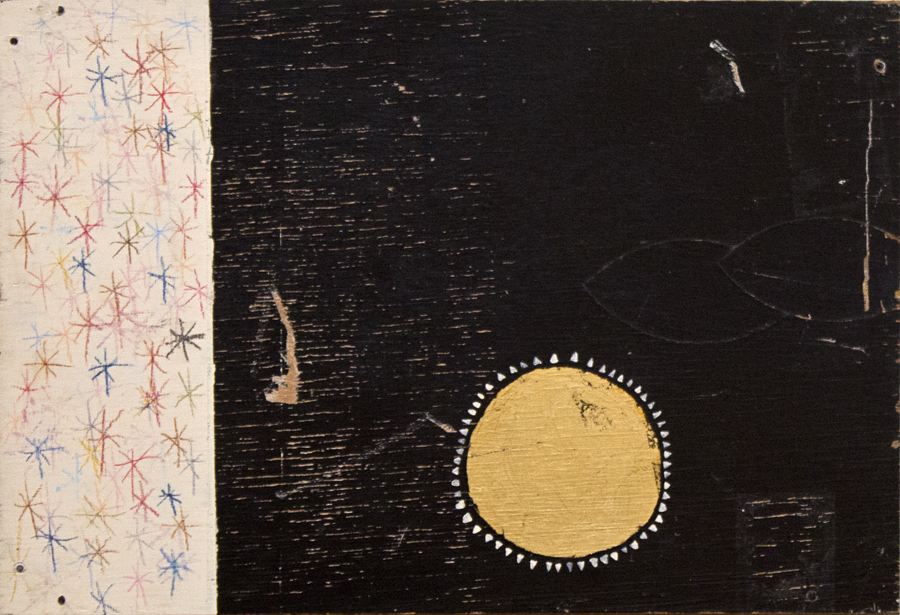Flag #2 , acrylic paint, wax pastel, gold leaf on found wood, 17x12, 2015