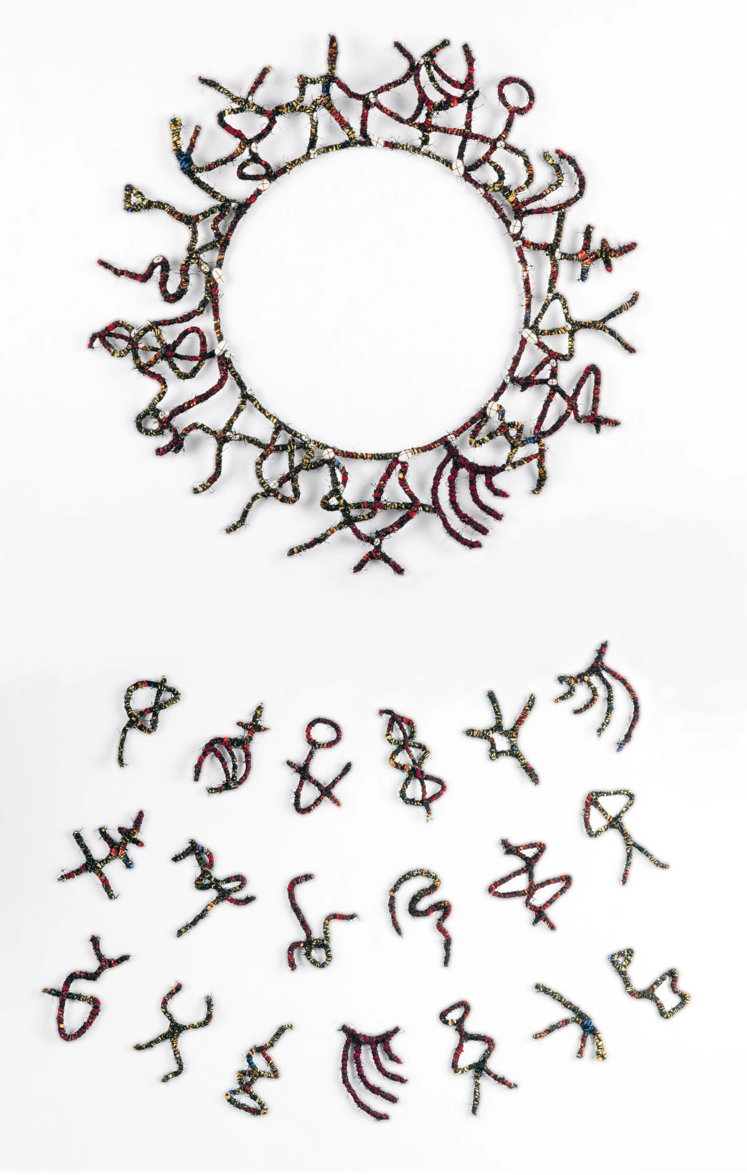 Haptic Ecliptic (2016). Wire, fabric, plastic, human hair and felt.