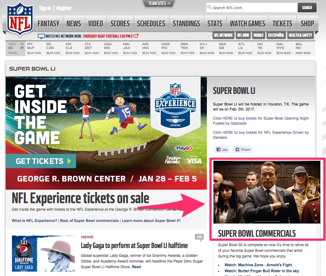 A screenshot of the official Super Bowl LI website on nfl.com devotes a ton of real estate to fans of the commercials.