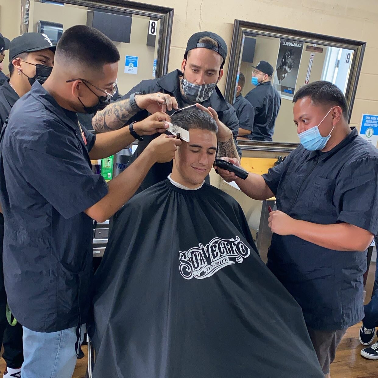 The Triple Threat!!! Students having fun at school teaming up to get the best cut possible @nandosblessed_fades @limitless.blendz @ninja.cuts @phil.urbina Keep up@the hard work fellas!! #westcoastbarbercollege #barbercollege #barberschool #oceanside 