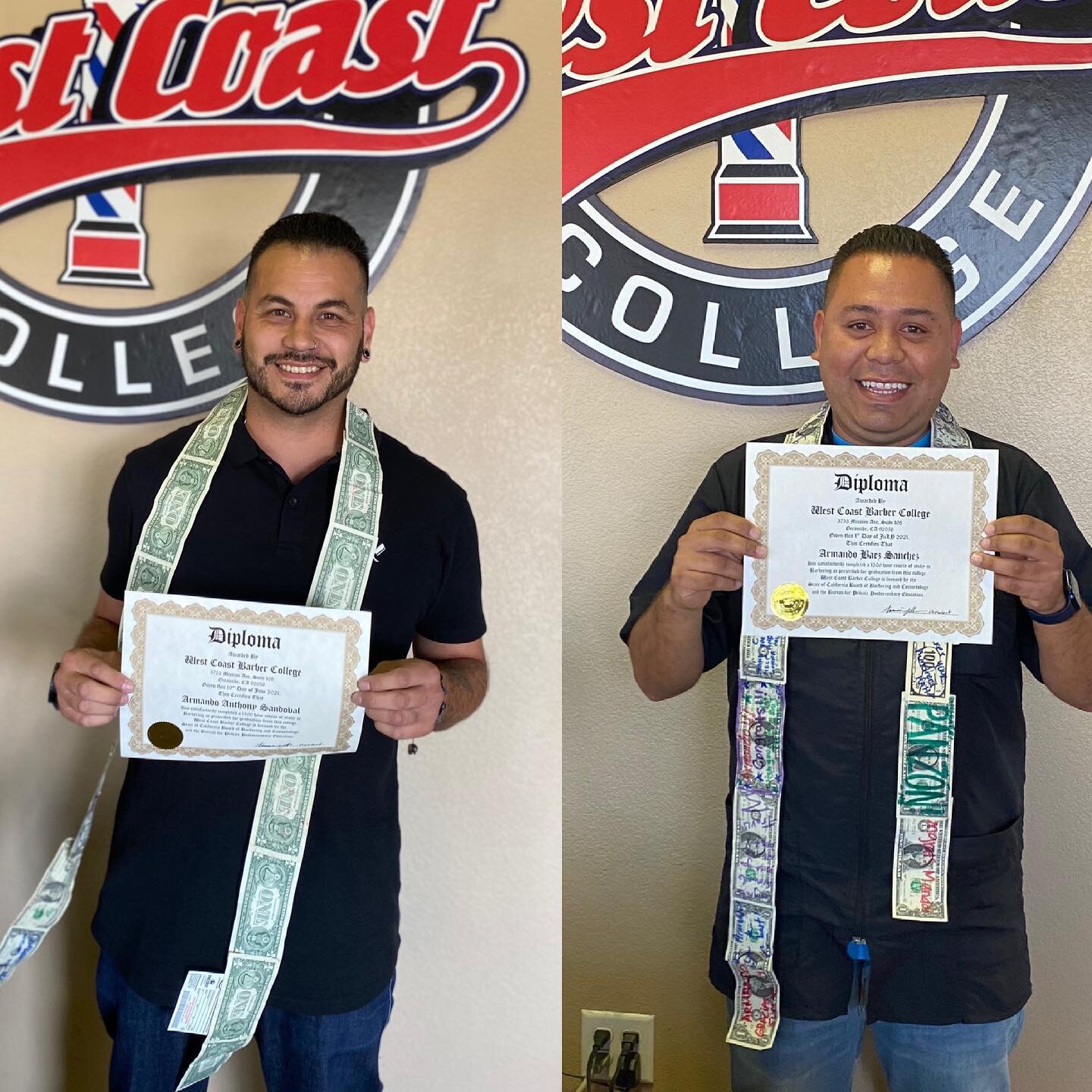 Congratulations to both Armando&rsquo;s @mando_cutz @baez.fades on their completion of barber college. 1500 hours is official done! Next up is state board to get licensed. Wish you both the best with your new careers!! #westcoastbarbercollege #barber