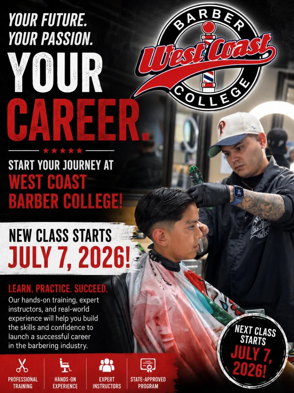 ✂️🔥 NOW ENROLLING! 🔥✂️

Ready to turn your passion into a career?
West Coast Barber College is now enrolling for our next class starting July 7, 2026! Learn the skills, techniques, and business knowledge needed to succeed in the barbering industry 