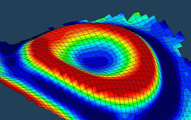 A graphical representation of the shape change on an eye that is using an orthoK lens to correct their short-sightedness (myopia).